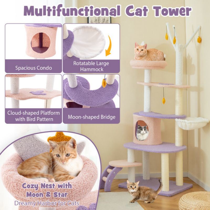 Whimsical Multi-Level Cat Tower with Sisal Scratching Posts, Hammock, and Star Decor – Perfect for Multiple Cats