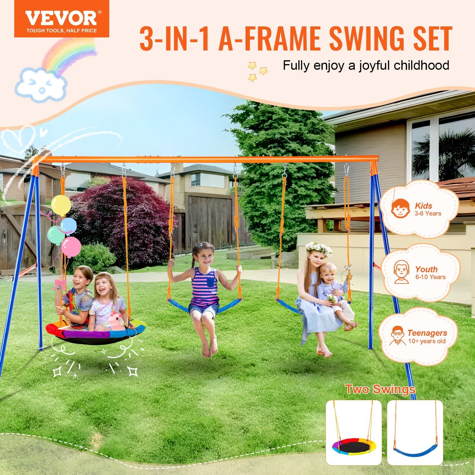 A-Frame Swing Set for Backyard - 1 Saucer & 2 Belt Swing Seats - High Weight Capacity