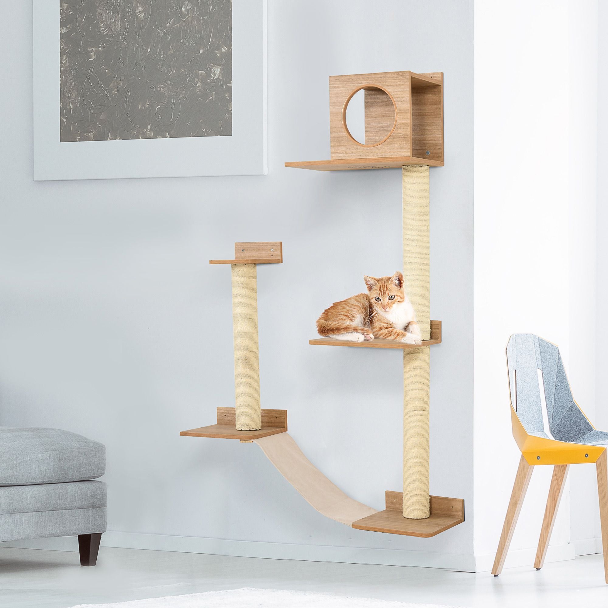 PawHut Wall-Mounted Cat Tree - Multi-Level Activity Tower with Sisal Scratching Posts & Cozy Interior Condo for Cats