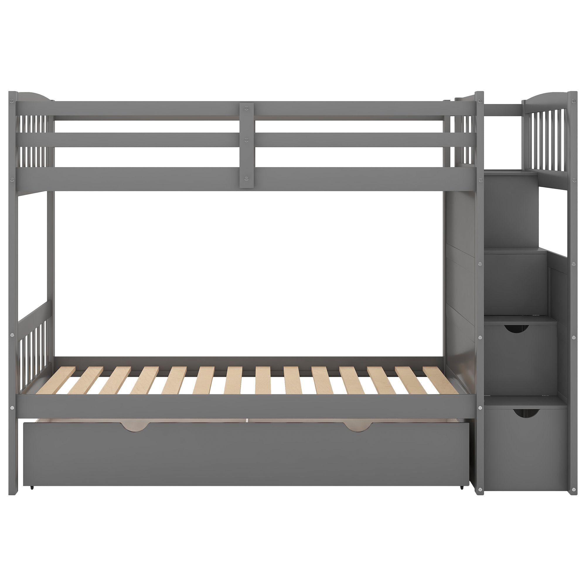 Twin over Full/Twin Bunk Bed;  Convertible Bottom Bed;  Storage Shelves and Drawers;  Gray