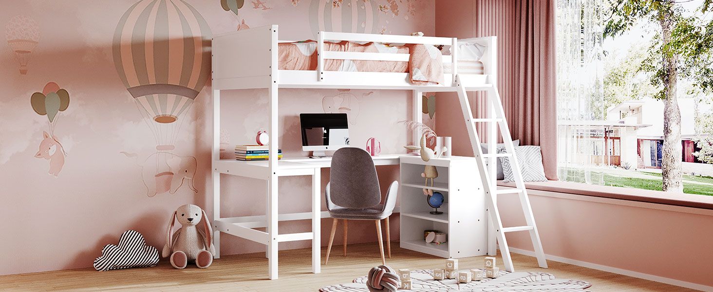 Twin size Loft Bed with Shelves and Desk;  Wooden Loft Bed with Desk