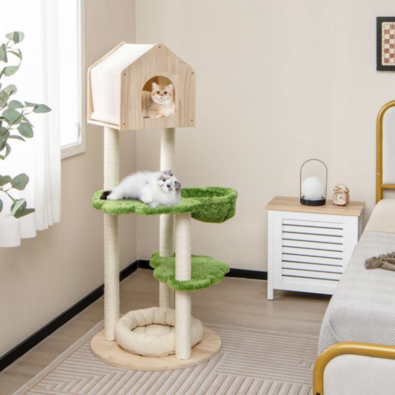 55-Inch Tall Cat Climbing Stand with Sisal Scratching Posts & Soft Bed, Multi-Level Cat Tower for Indoor Kittens, Pine Wood Structure