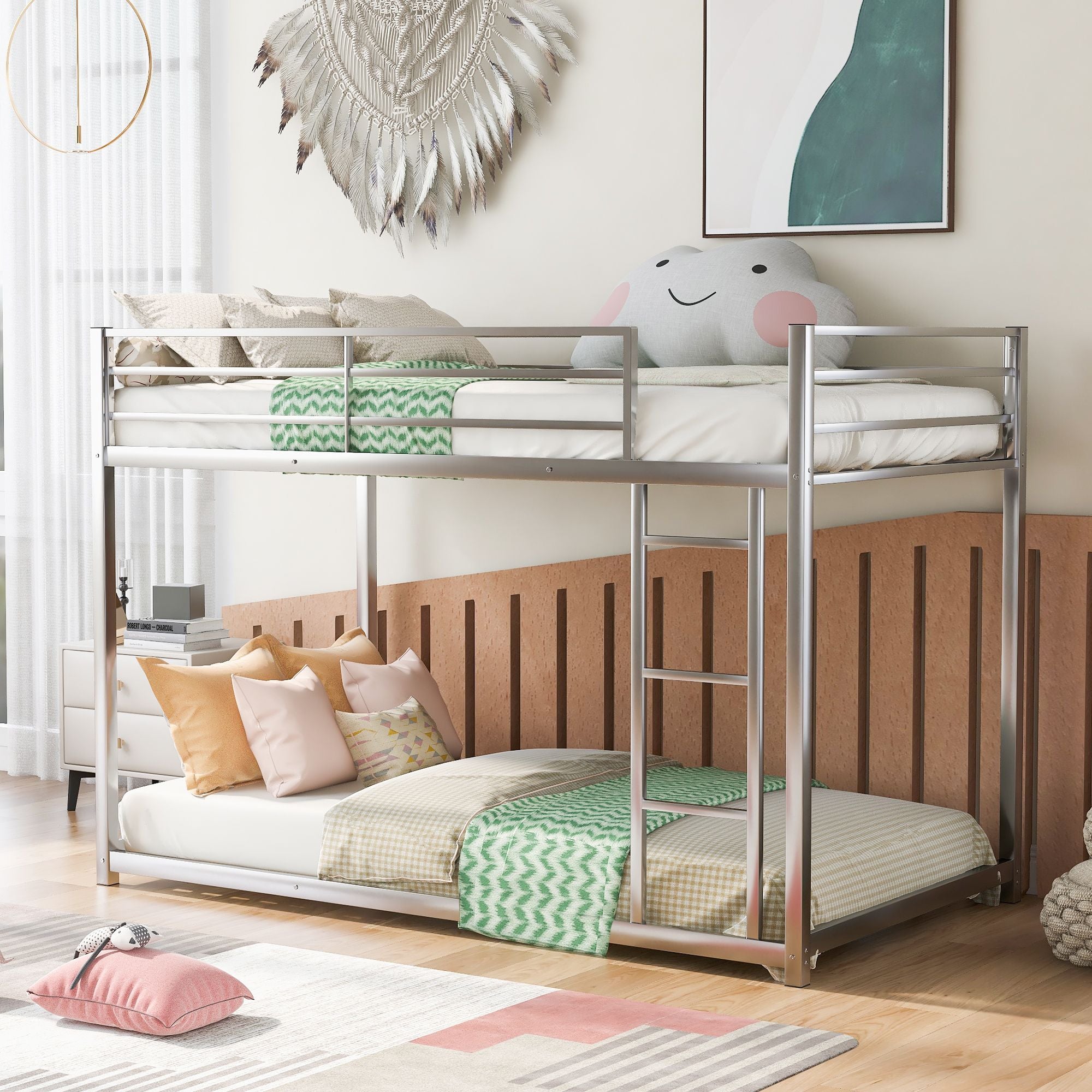 Twin over Twin Metal Bunk Bed;  Low Bunk Bed with Ladder