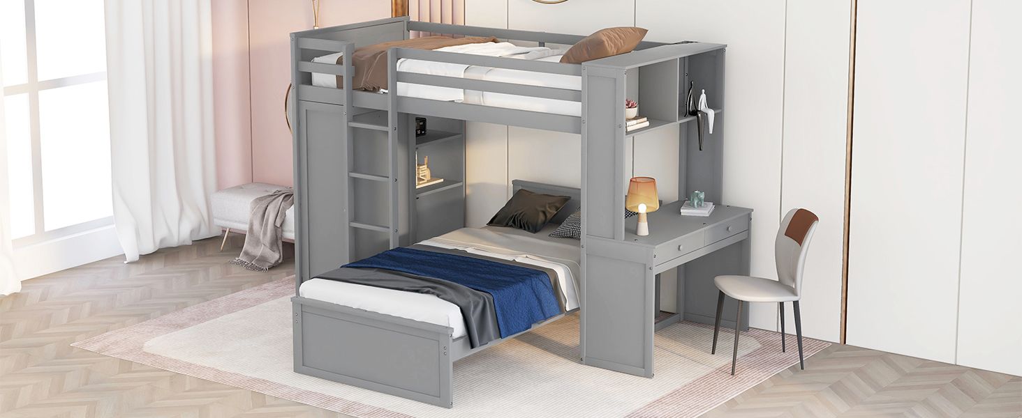 Twin size Loft Bed with a Stand-alone bed;  Shelves; Desk; and Wardrobe