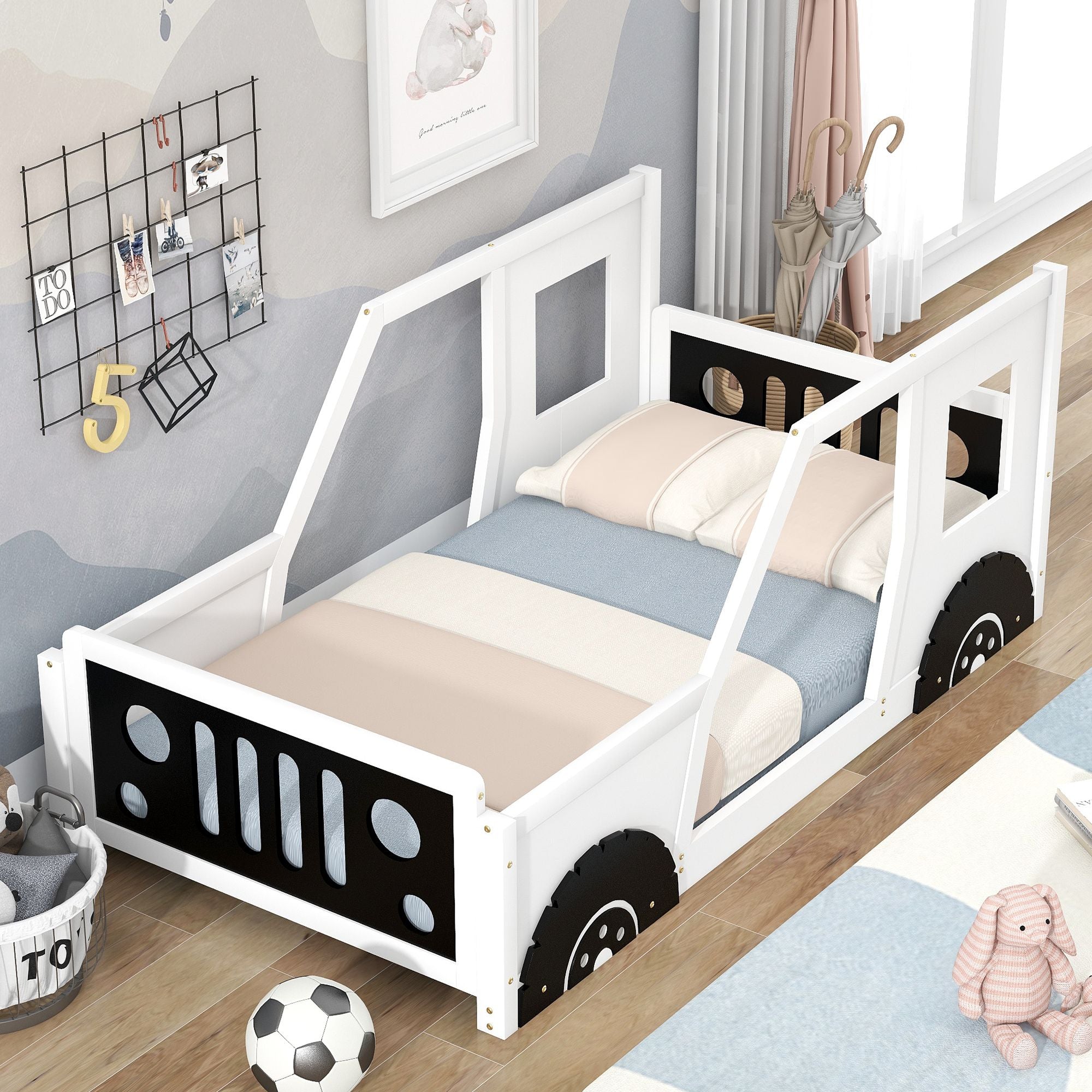 Twin Size Classic Car-Shaped Platform Bed with Wheels