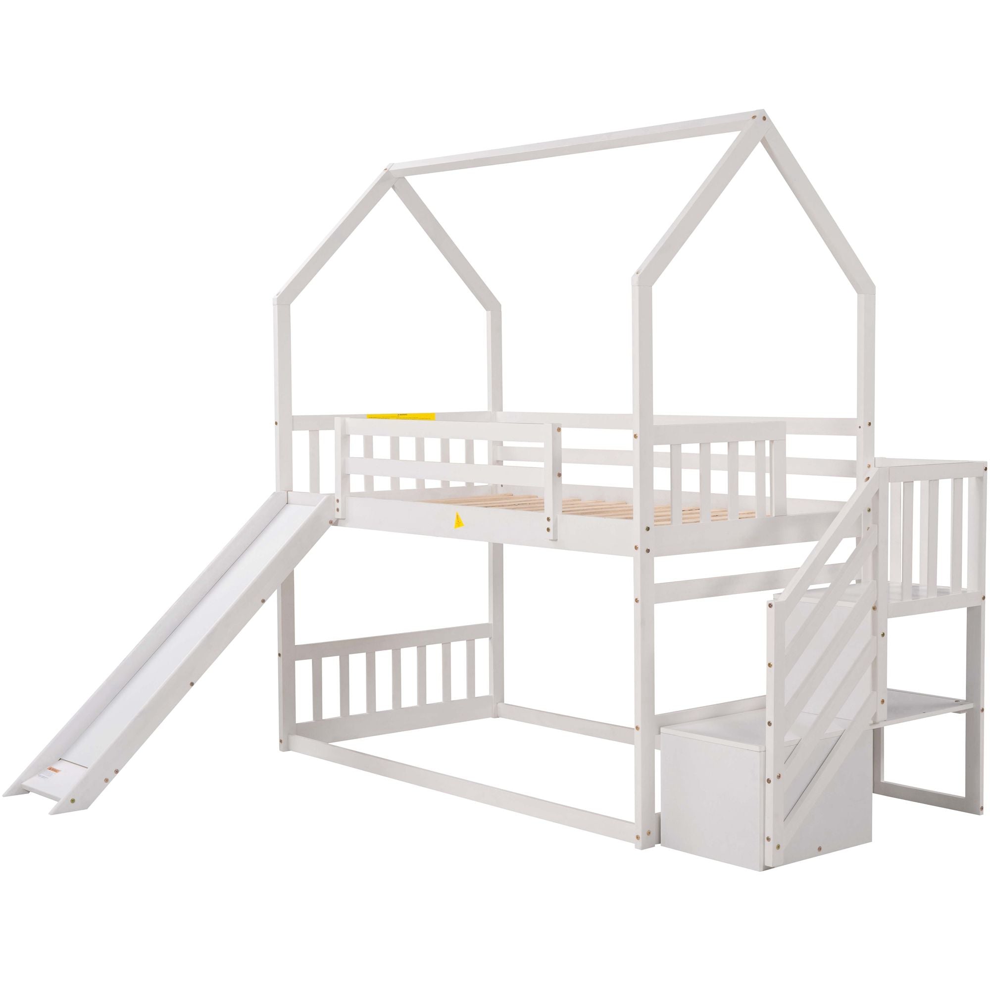 Twin over Twin House Bunk Bed with Convertible Slide; Storage Staircase