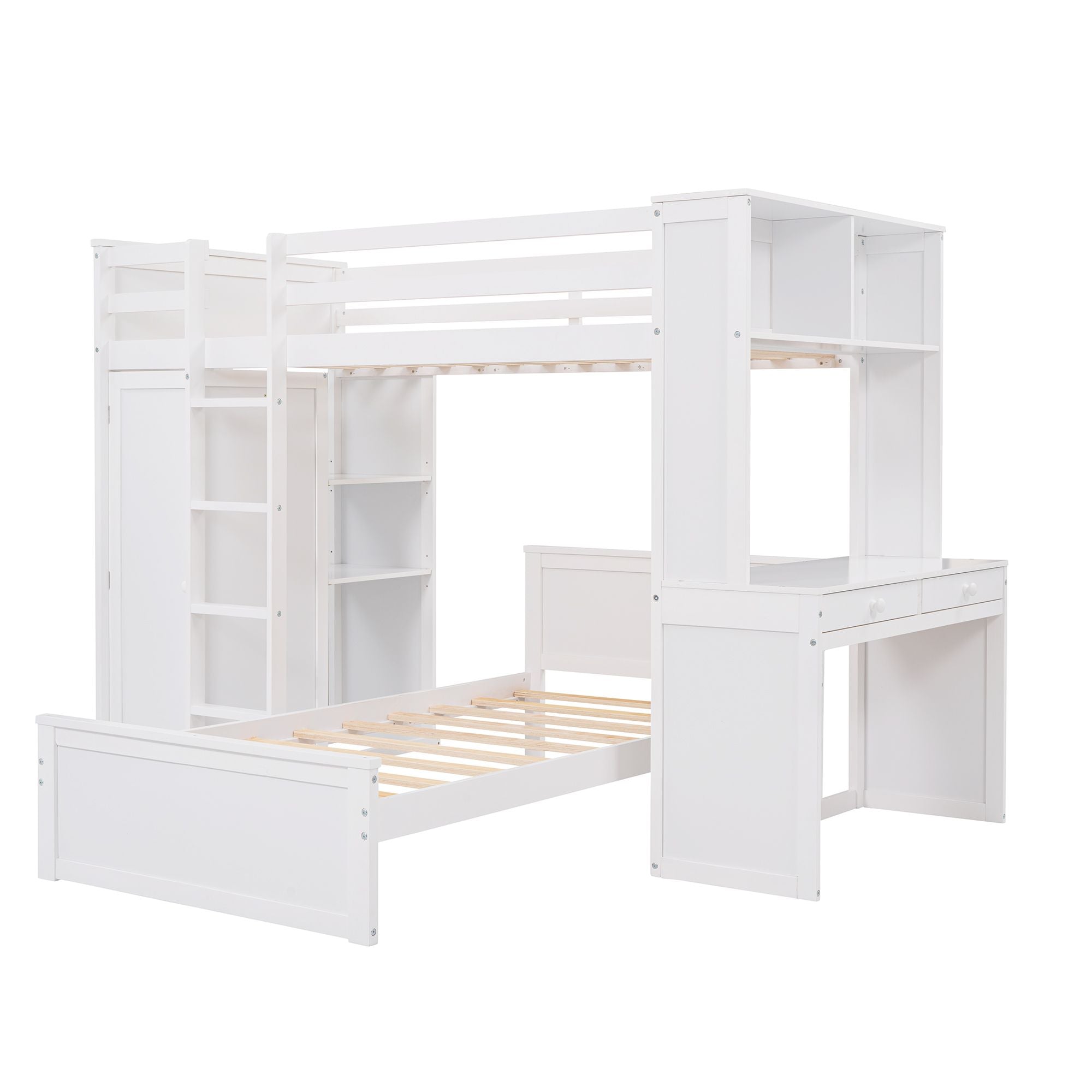 Twin size Loft Bed with a Stand-alone bed;  Shelves; Desk; and Wardrobe