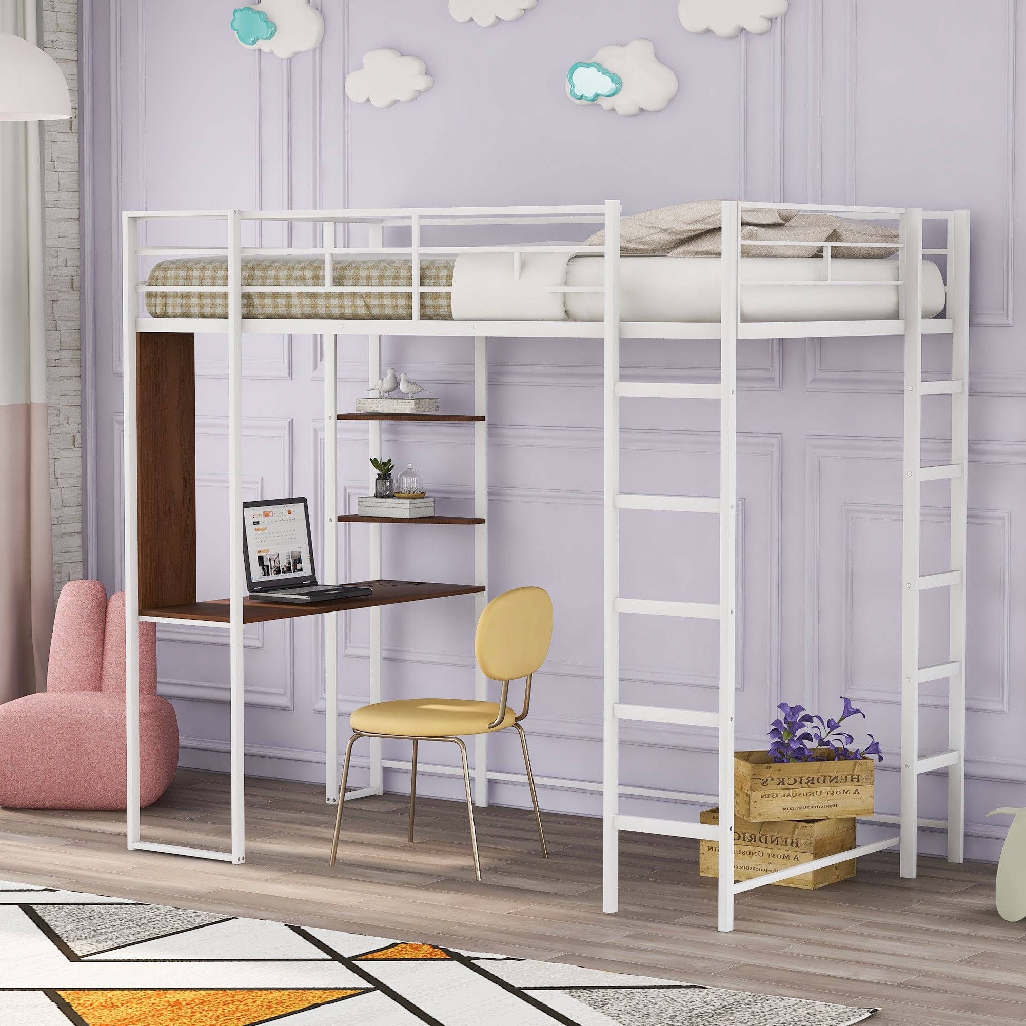 Twin Metal Loft Bed with 2 Shelves and one Desk