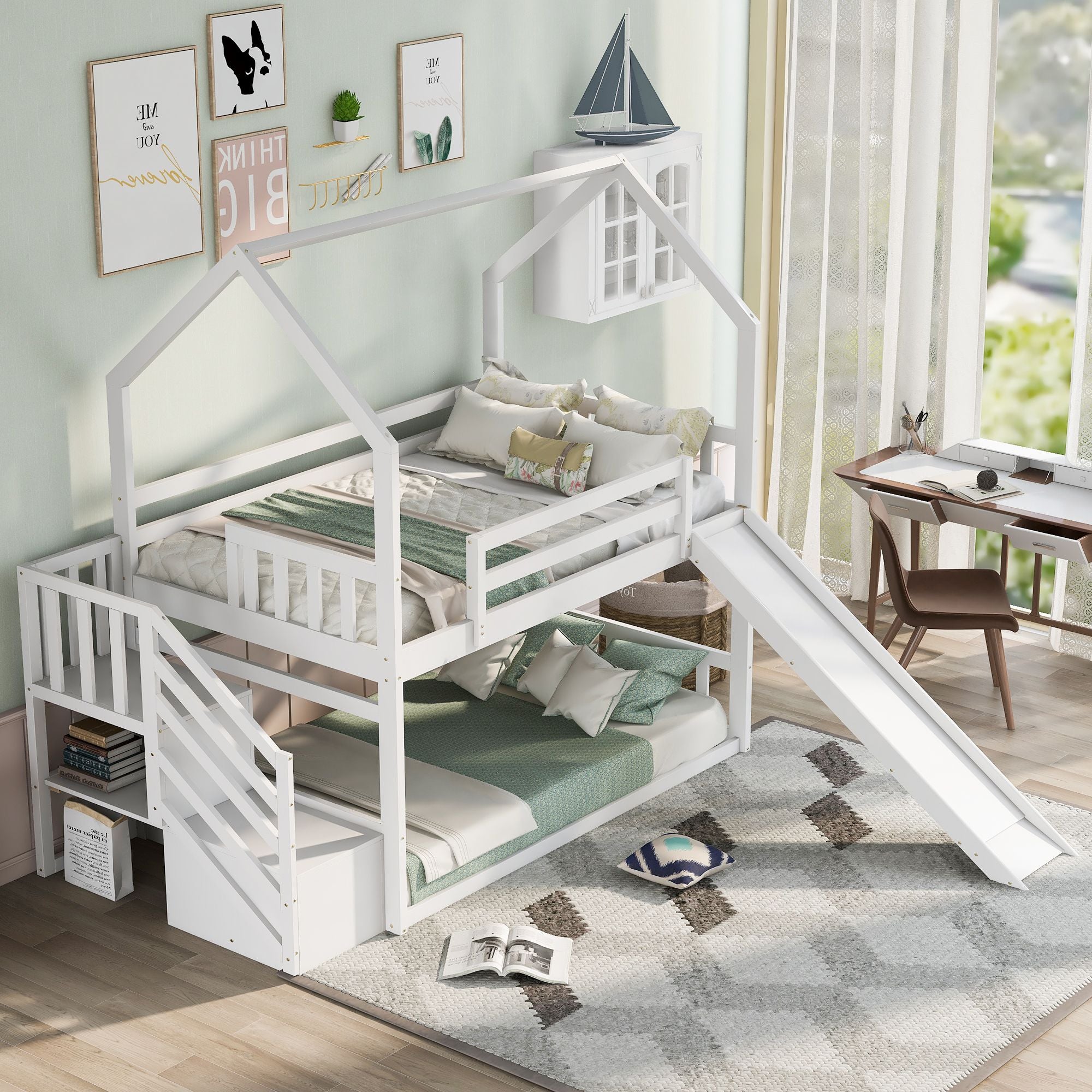 Twin over Twin House Bunk Bed with Convertible Slide; Storage Staircase