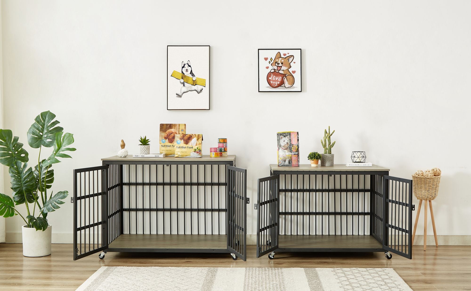 Furniture style dog crate wrought iron frame door with side openings, Grey, 43.3''W x 29.9''D x 33.5''H.