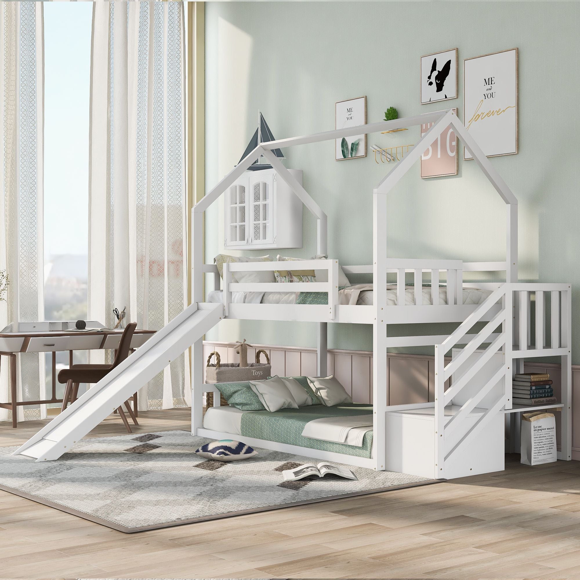 Twin over Twin House Bunk Bed with Convertible Slide; Storage Staircase