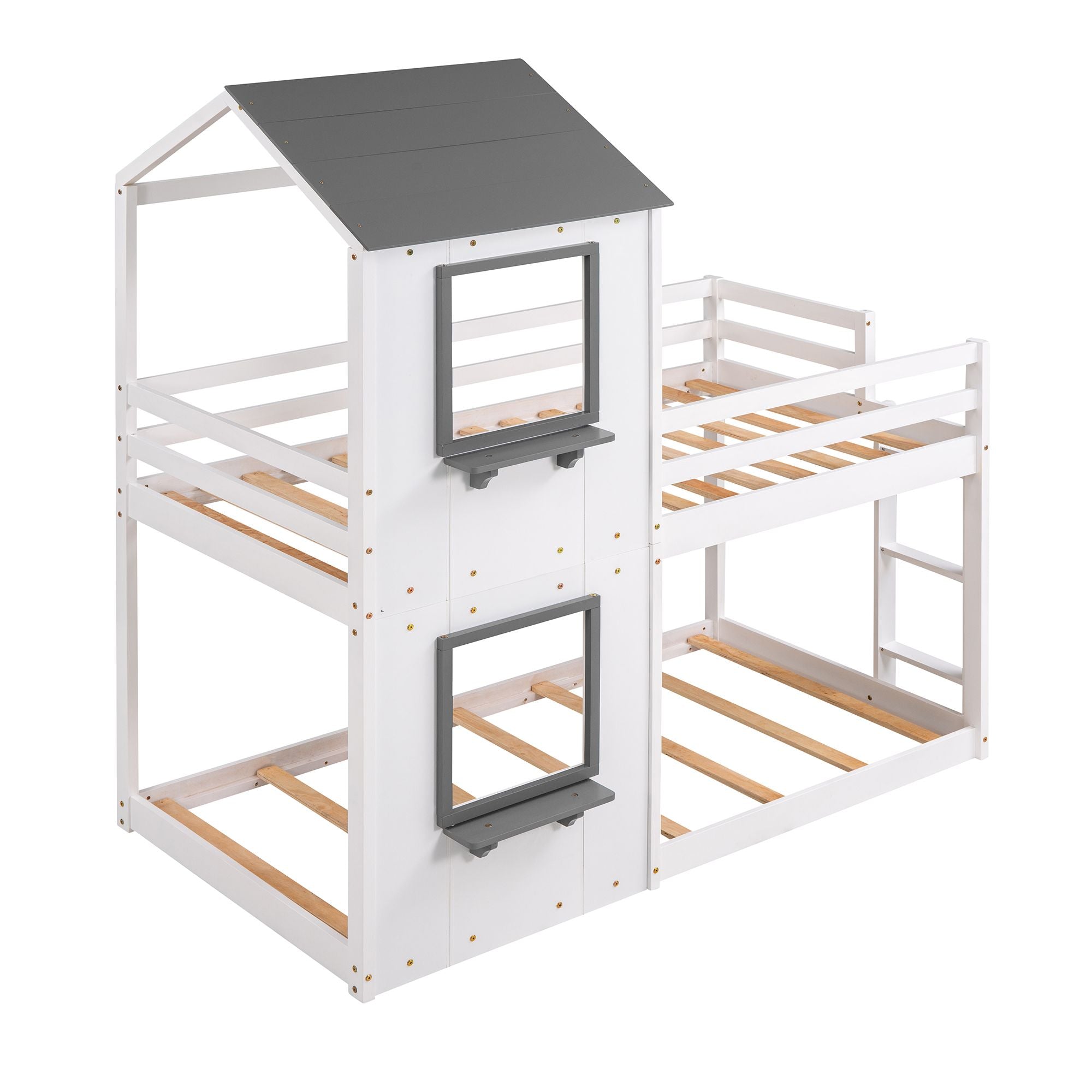 Twin Over Twin Bunk Bed Wood Bed with Roof;  Window;  Guardrail;  Ladder