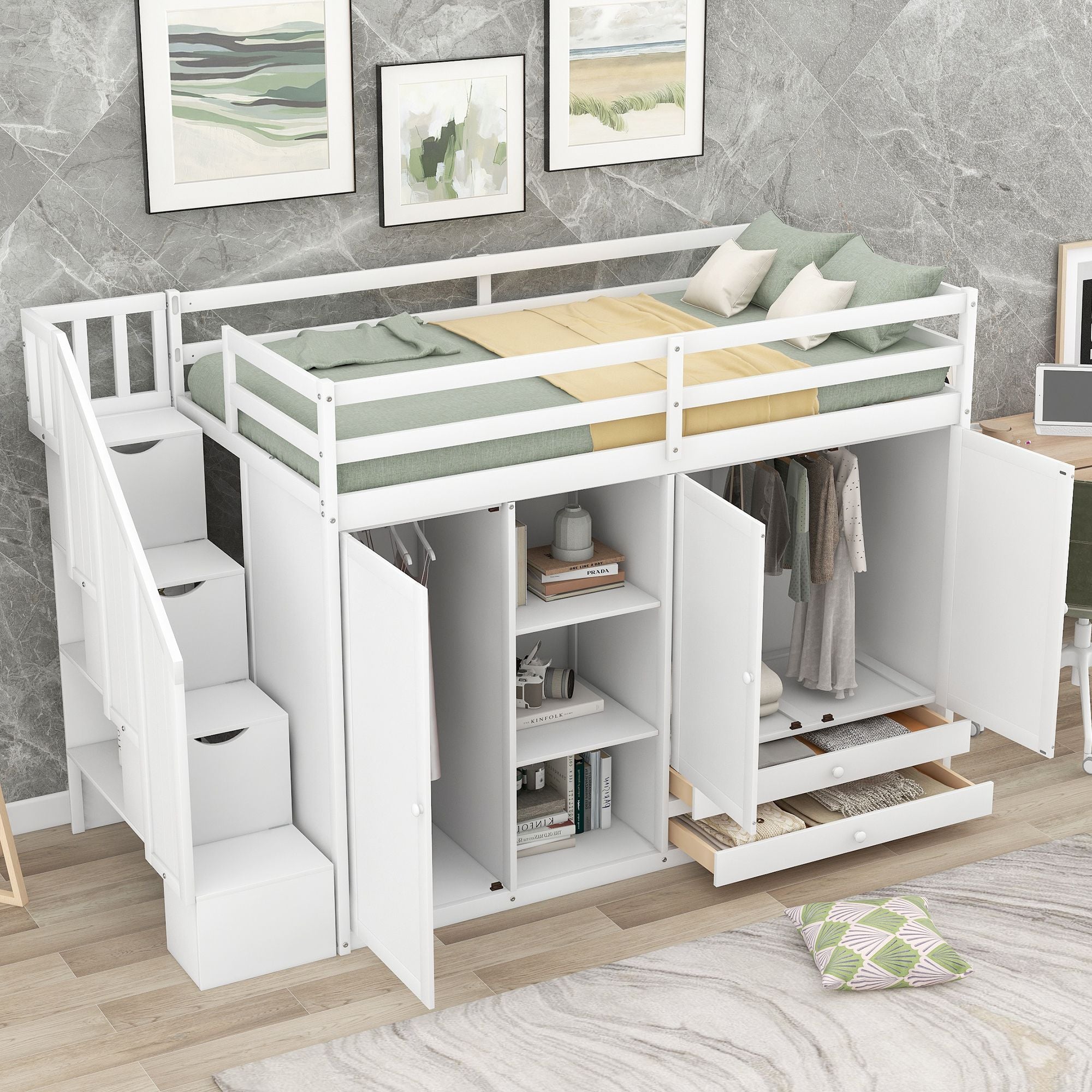 Functional Loft Bed with 3 Shelves;  2 Wardrobes and 2 Drawers;  Ladder with Storage;  No Box Spring Needed