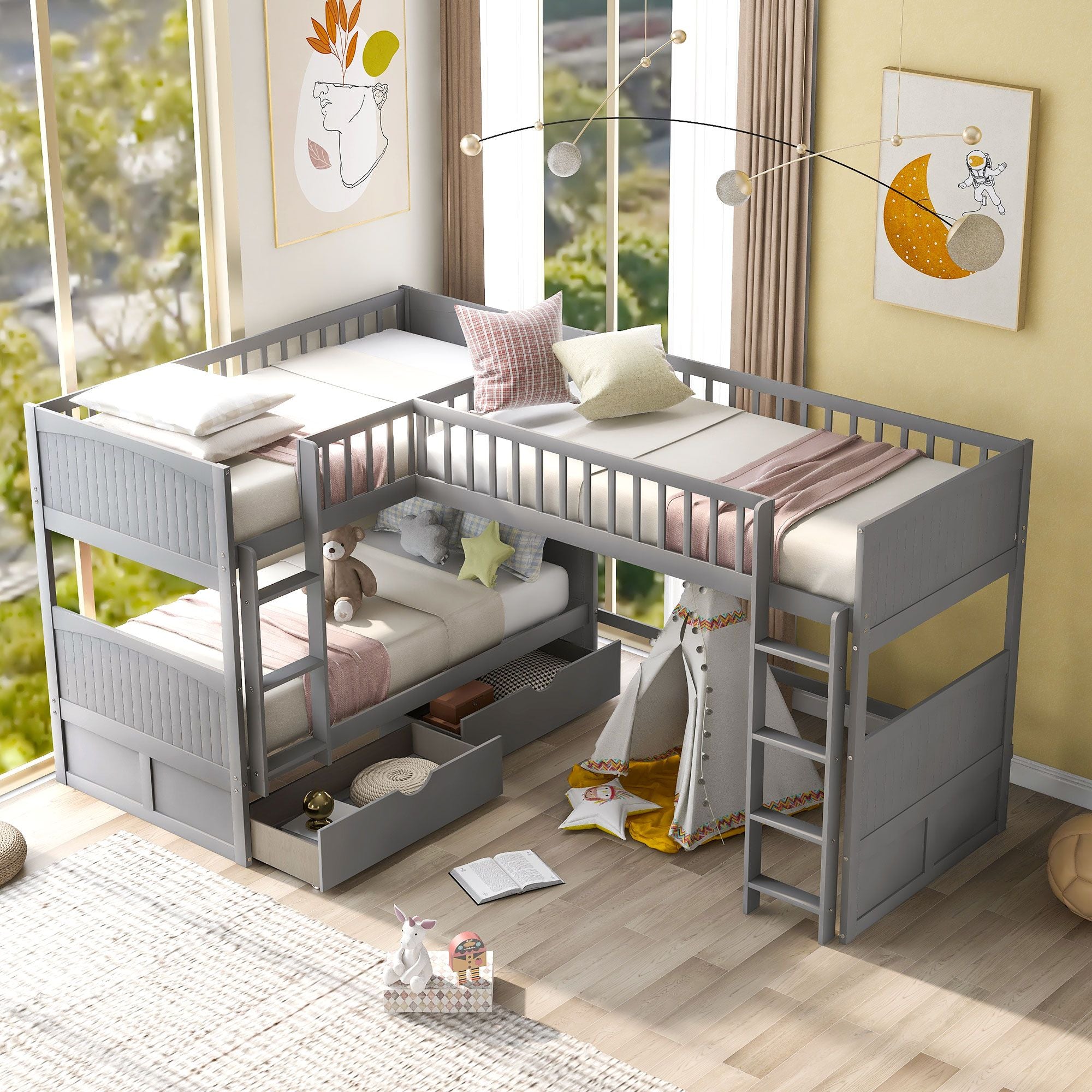 Twin Size Bunk Bed with a Loft Bed attached, with Two Drawers,Gray