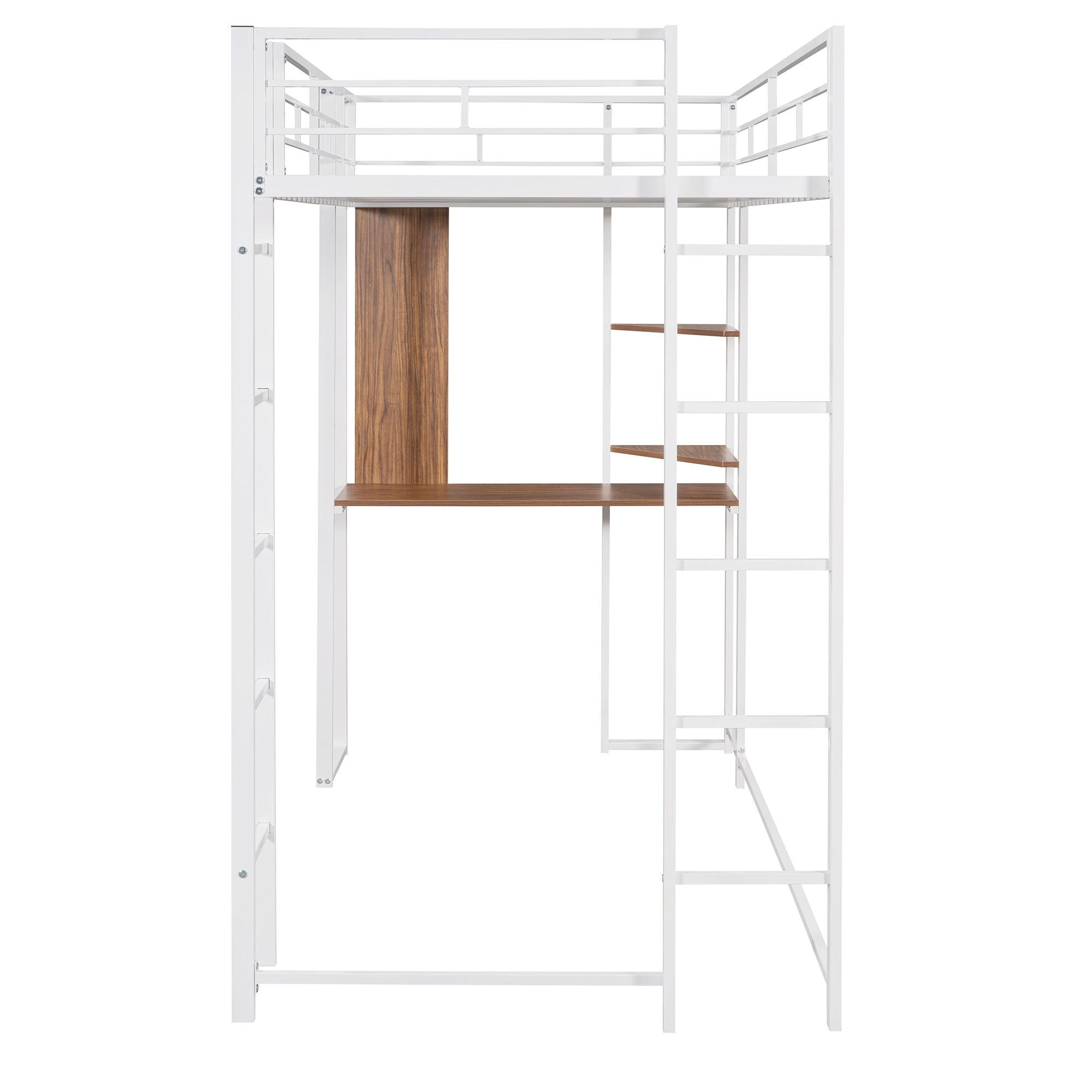 Twin Metal Loft Bed with 2 Shelves and one Desk