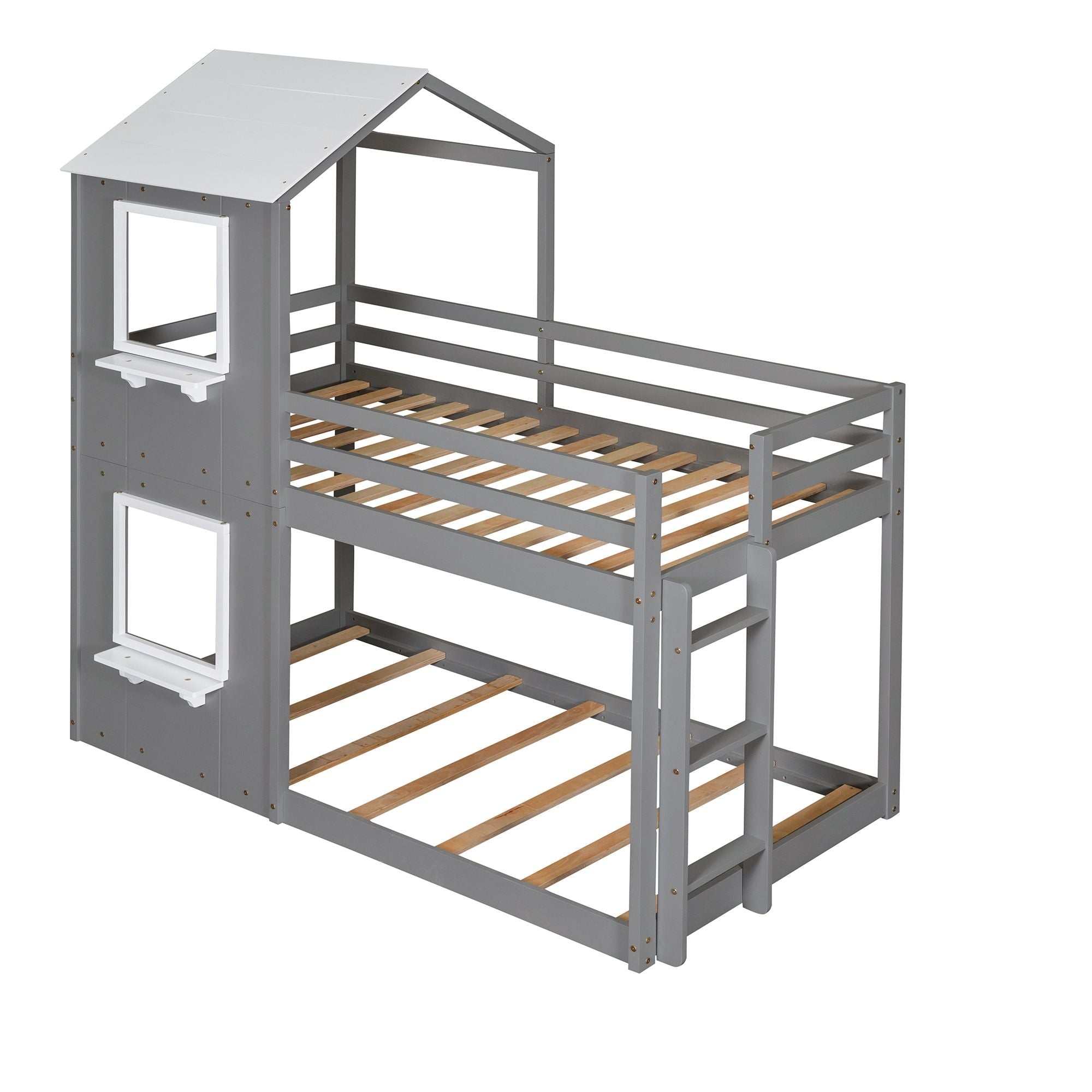 Twin Over Twin Bunk Bed Wood Bed with Roof;  Window;  Guardrail;  Ladder