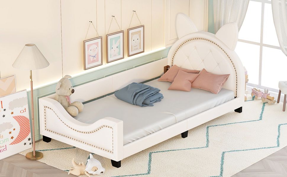 Twin Size Upholstered Daybed with Carton Ears Shaped Headboard