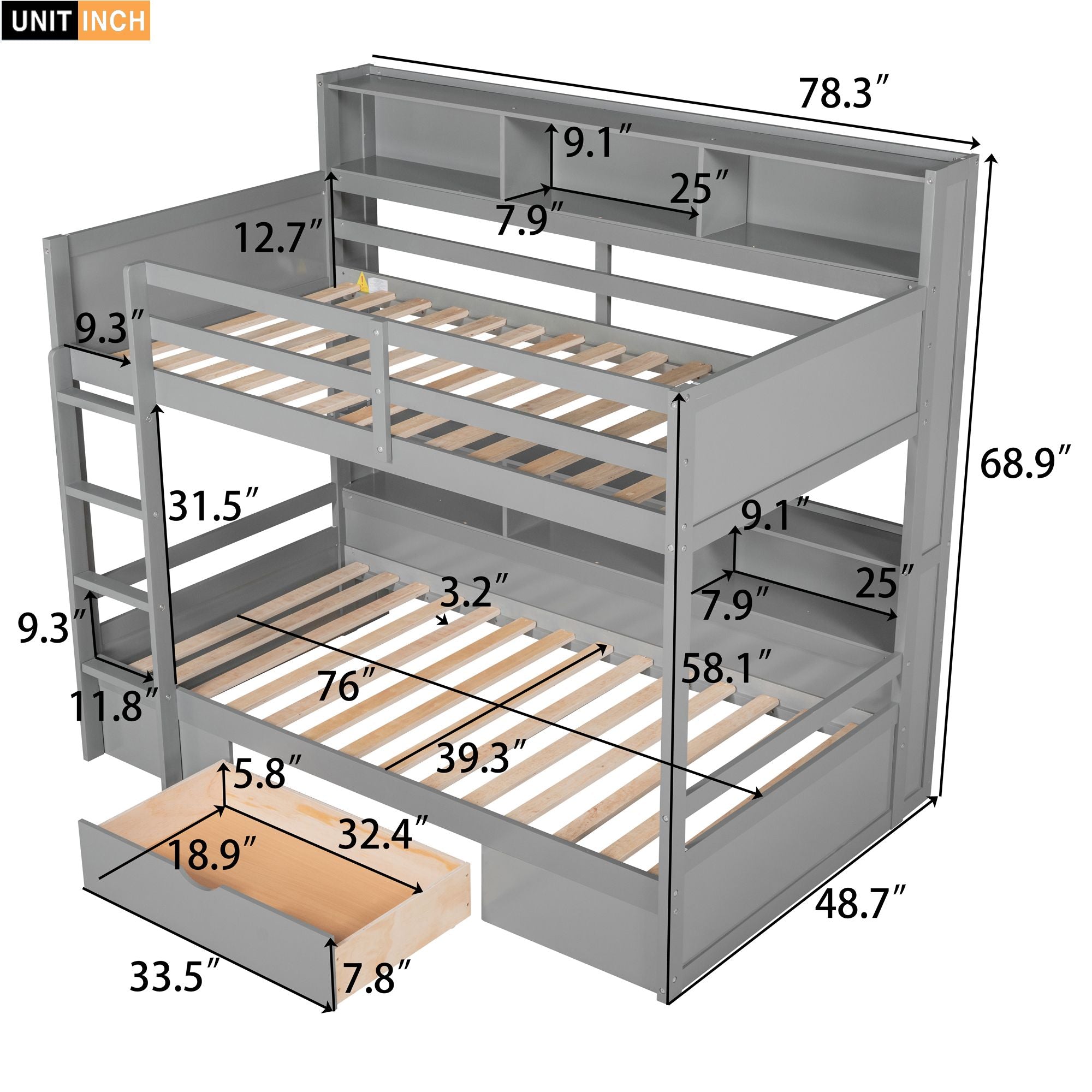 Twin Size Bunk Bed with Built-in Shelves Beside both Upper and Down Bed and Storage Drawe