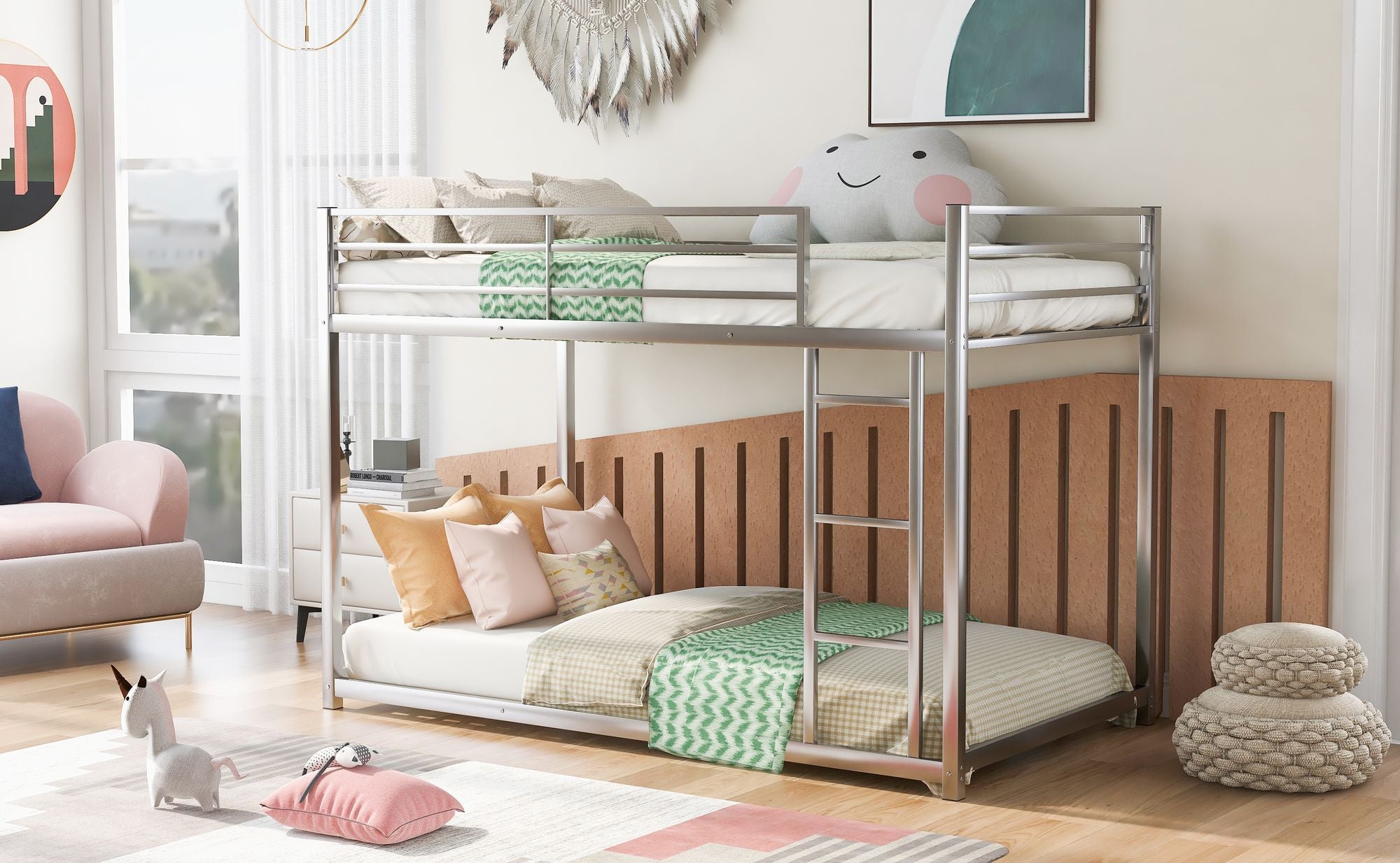 Twin over Twin Metal Bunk Bed;  Low Bunk Bed with Ladder