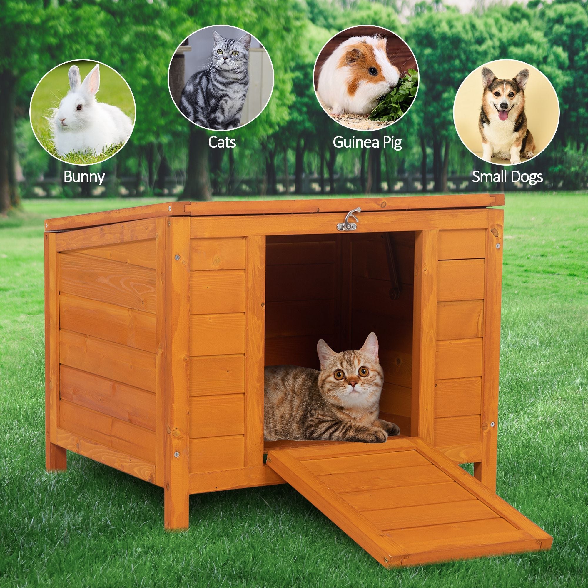 Small Wood Rabbit Hutch Bunny Cage, Raised Cat House with Ladder for Small Animals, Brown XH