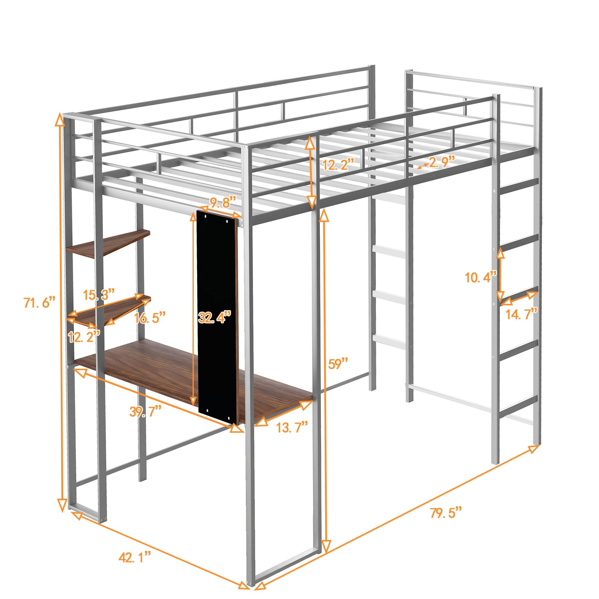 Twin Metal Loft Bed with 2 Shelves and one Desk