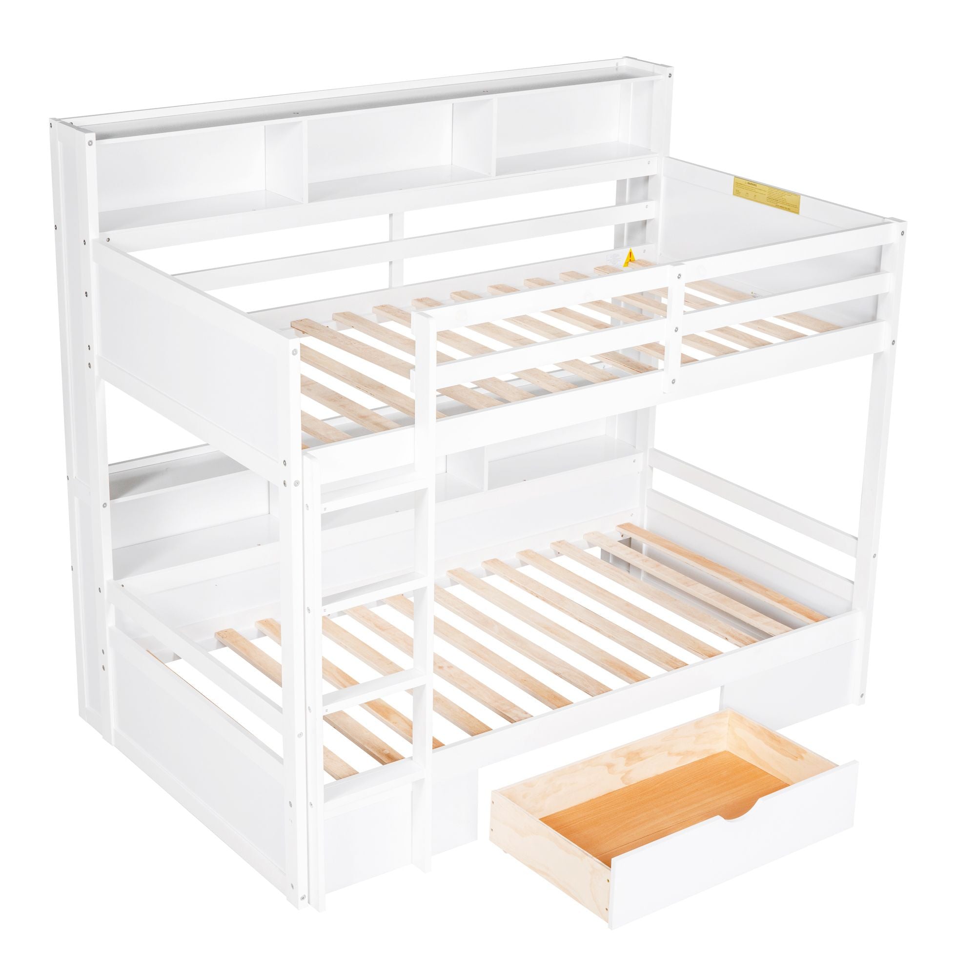 Twin Size Bunk Bed with Built-in Shelves Beside both Upper and Down Bed and Storage Drawe