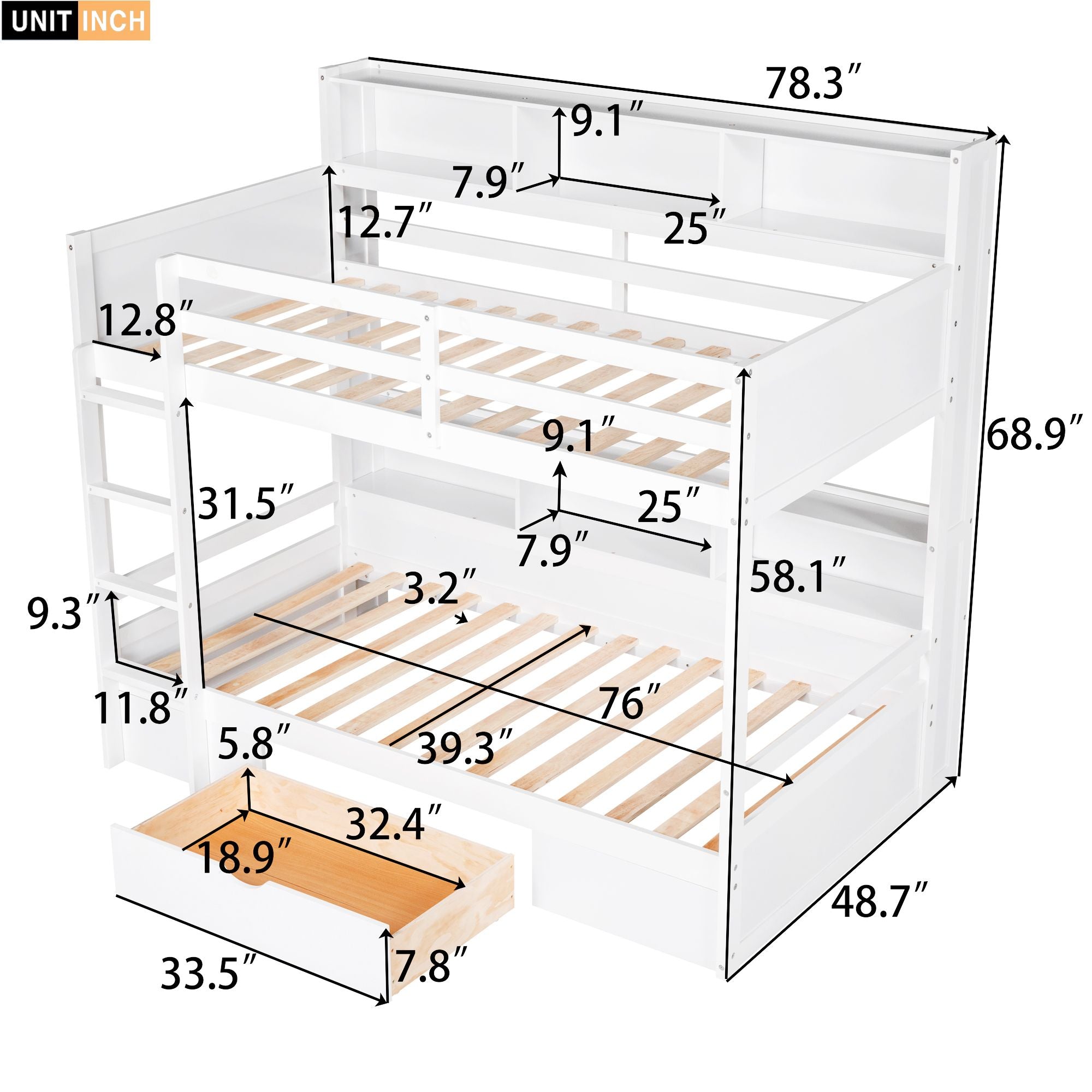 Twin Size Bunk Bed with Built-in Shelves Beside both Upper and Down Bed and Storage Drawe