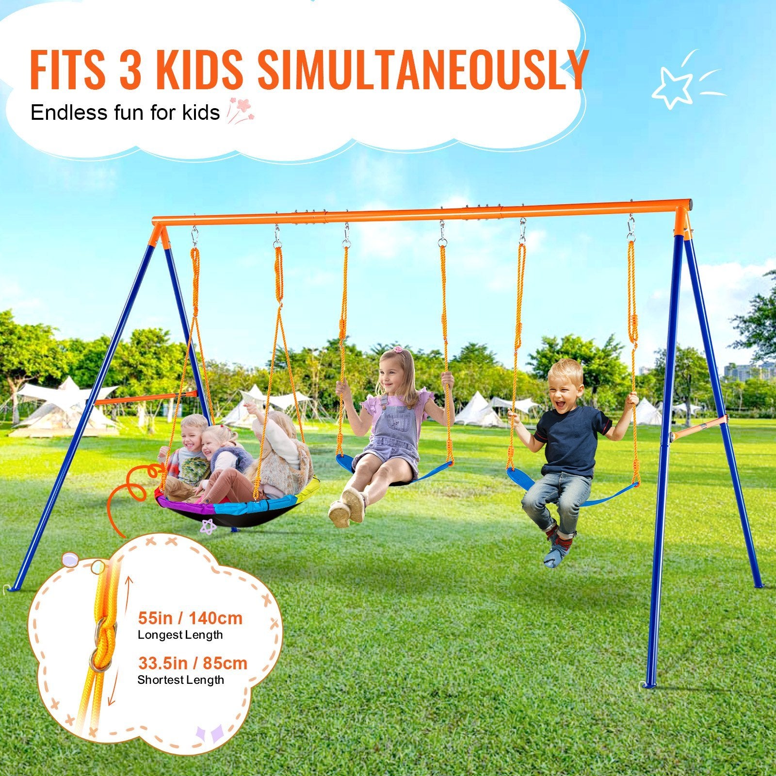 A-Frame Swing Set for Backyard - 1 Saucer & 2 Belt Swing Seats - High Weight Capacity