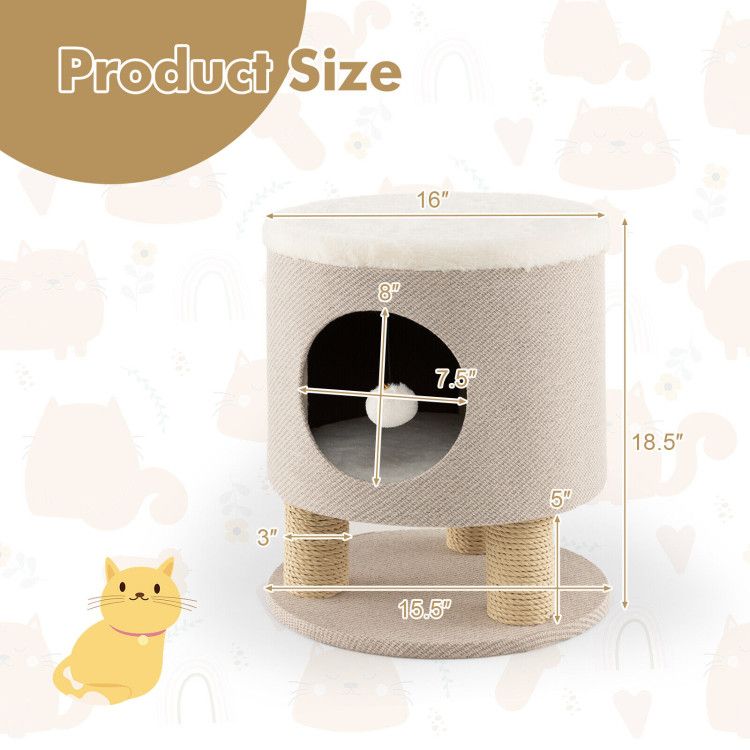 3-in-1 Cat Condo Stool Kitty Bed with Scratching Posts and Plush Ball Toy