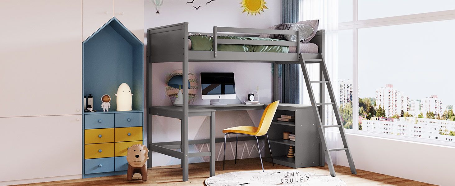 Twin size Loft Bed with Shelves and Desk;  Wooden Loft Bed with Desk