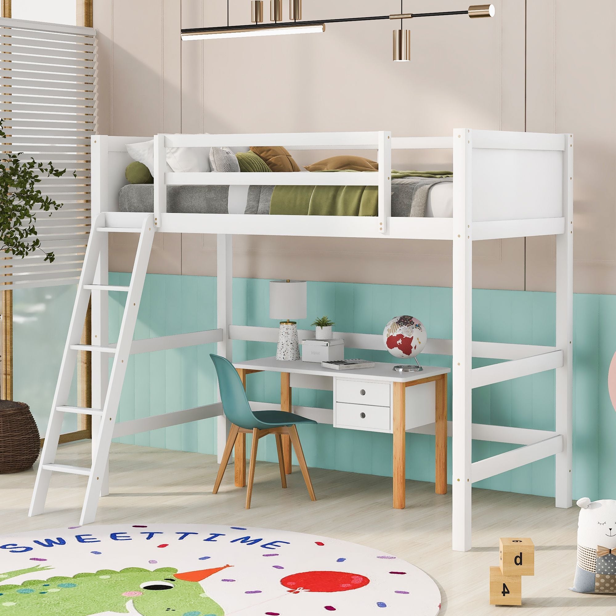 Solid Wood Twin Size Loft Bed with Ladde