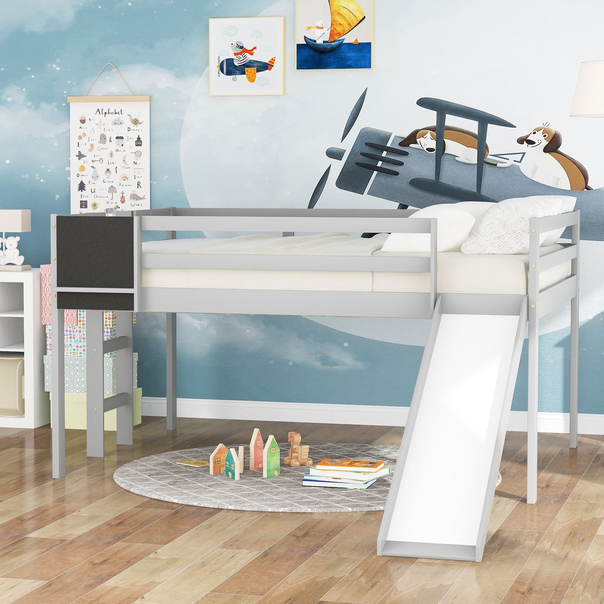 Full size Loft Bed Wood Bed with Slide;  Stair and Chalkboard