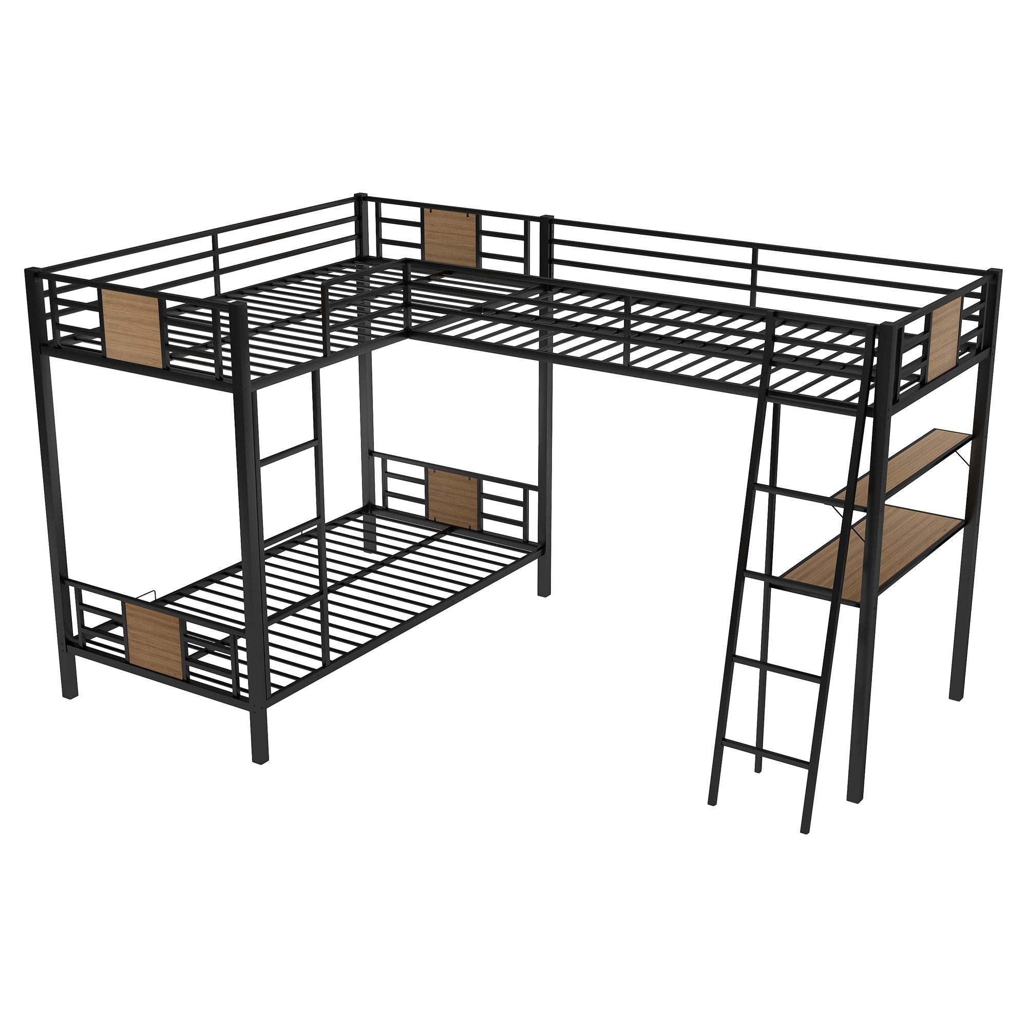 L-Shaped Twin over Twin Bunk Bed with Twin Size Loft Bed with Desk and Shelf