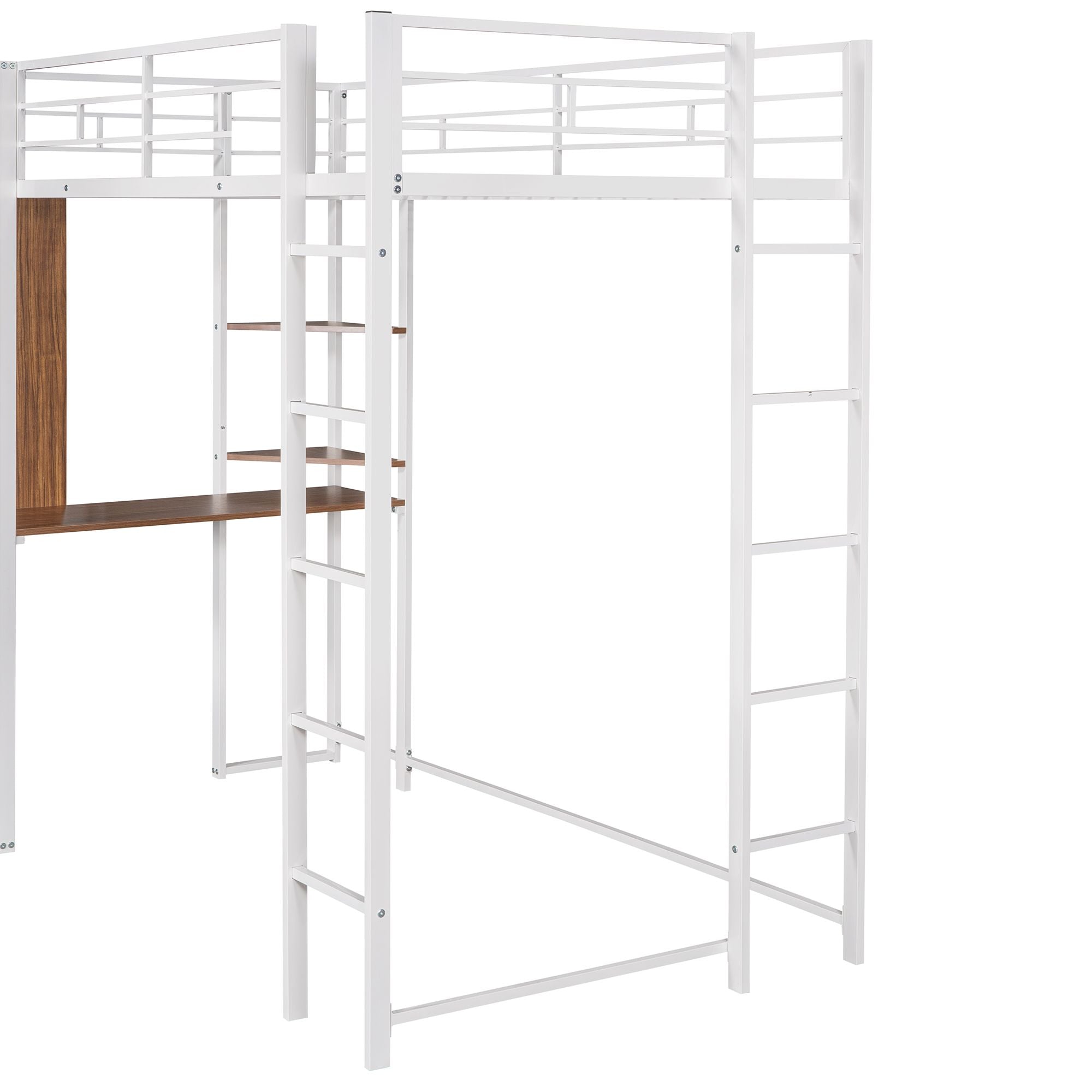 Twin Metal Loft Bed with 2 Shelves and one Desk