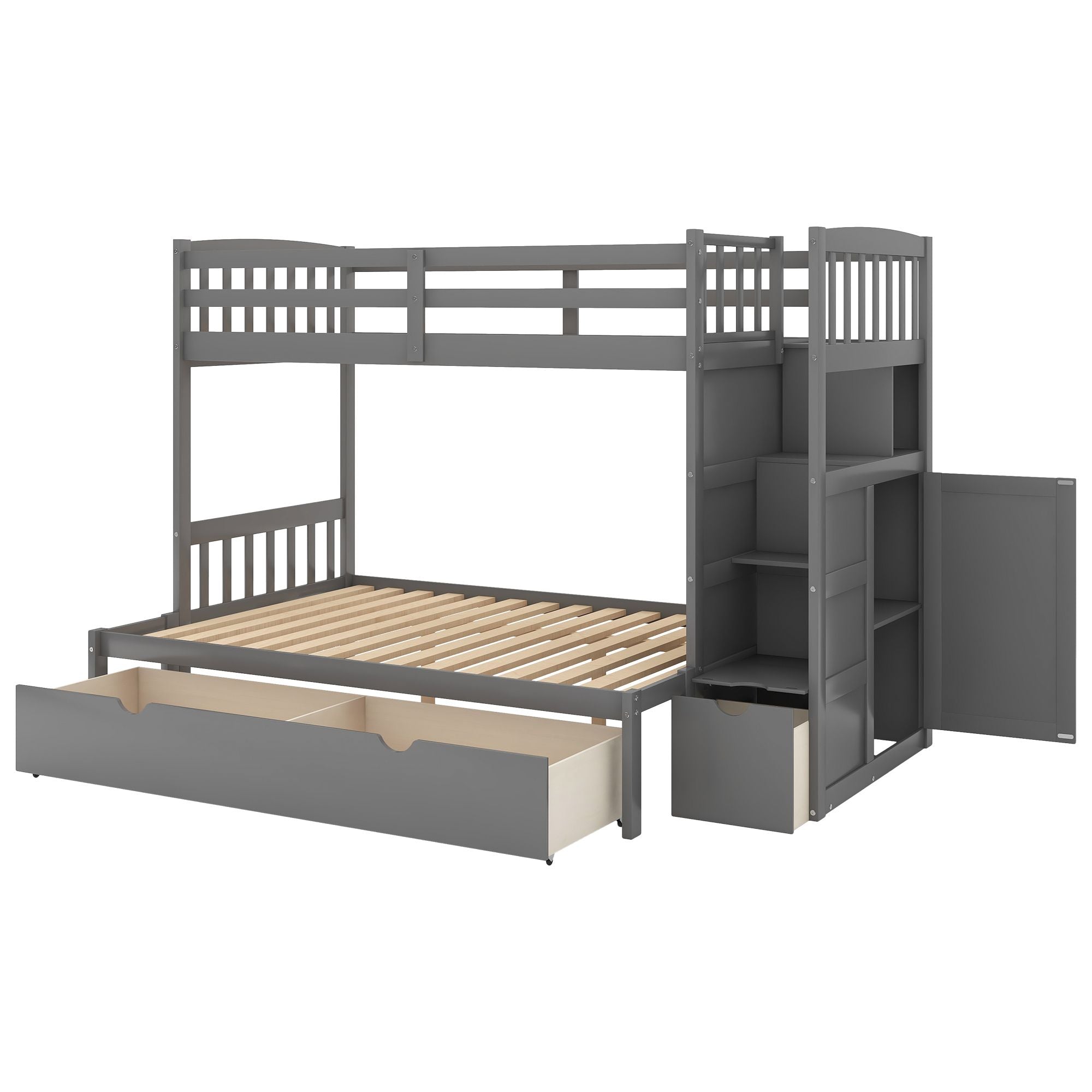 Twin over Full/Twin Bunk Bed;  Convertible Bottom Bed;  Storage Shelves and Drawers;  Gray