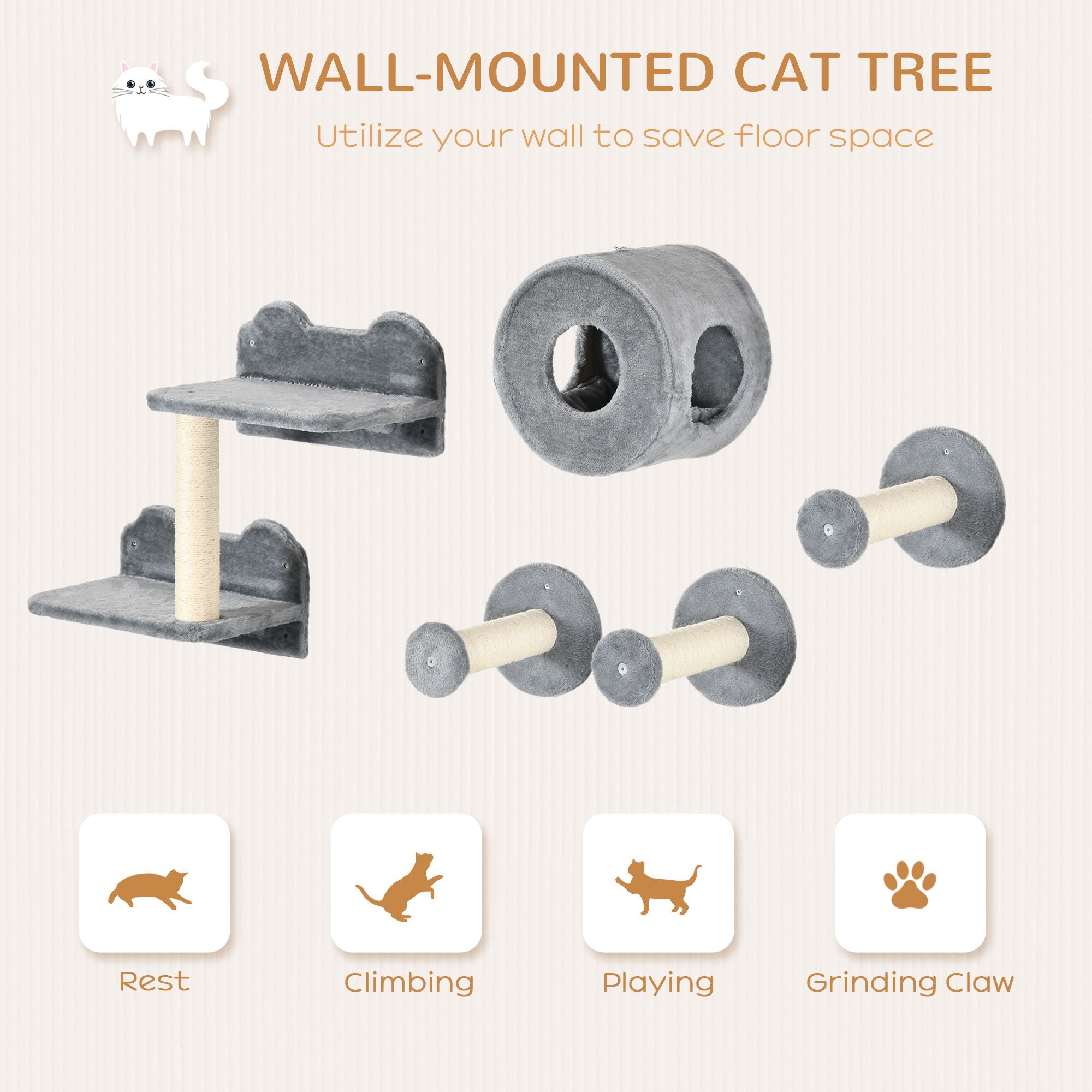 5-Piece Cat Wall Shelves Set - Wall-Mounted Climbing Activity Center with Condo, Cushion, Scratching Post, and Jumping Platform for Kittens | Brown