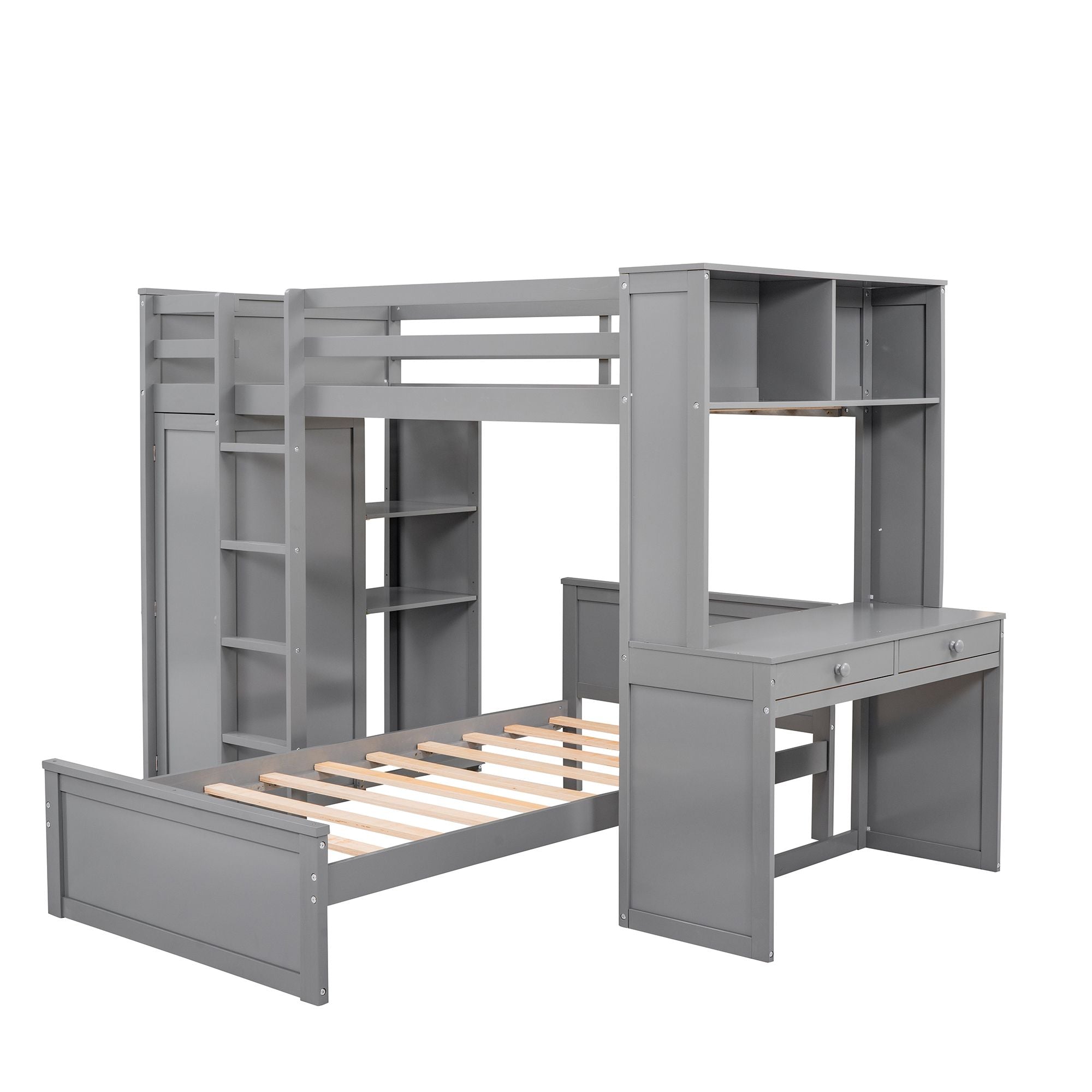 Twin size Loft Bed with a Stand-alone bed;  Shelves; Desk; and Wardrobe