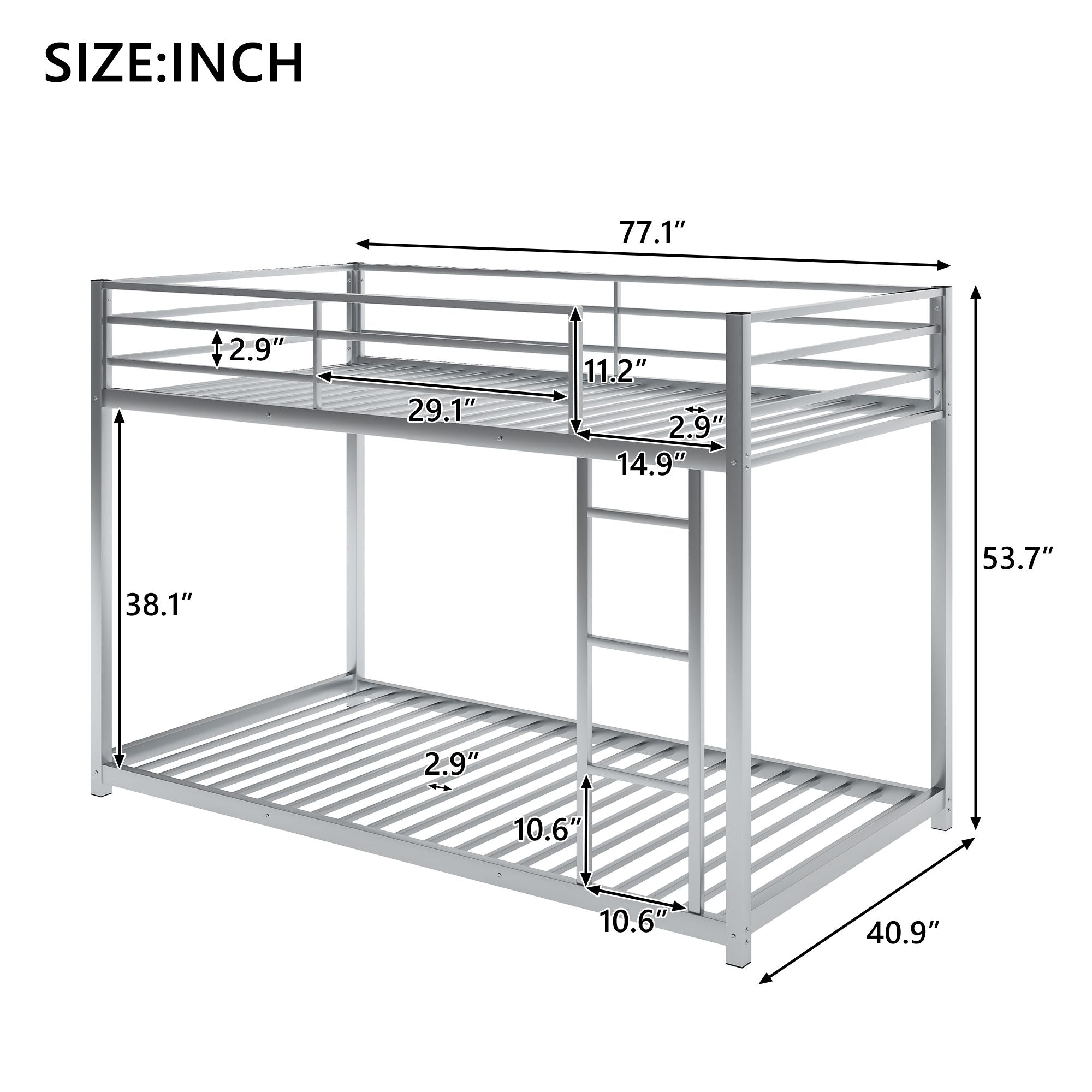 Twin over Twin Metal Bunk Bed;  Low Bunk Bed with Ladder