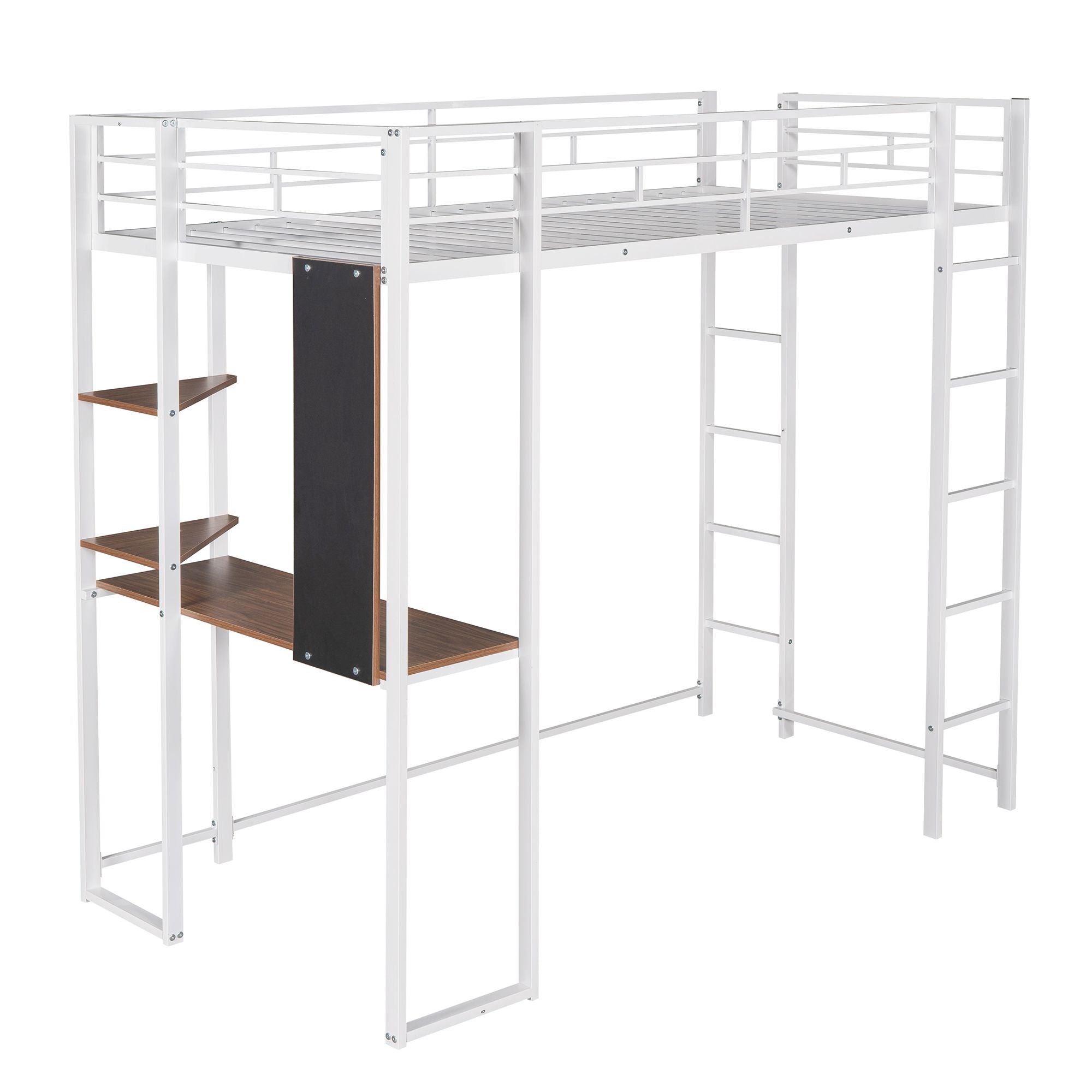 Twin Metal Loft Bed with 2 Shelves and one Desk