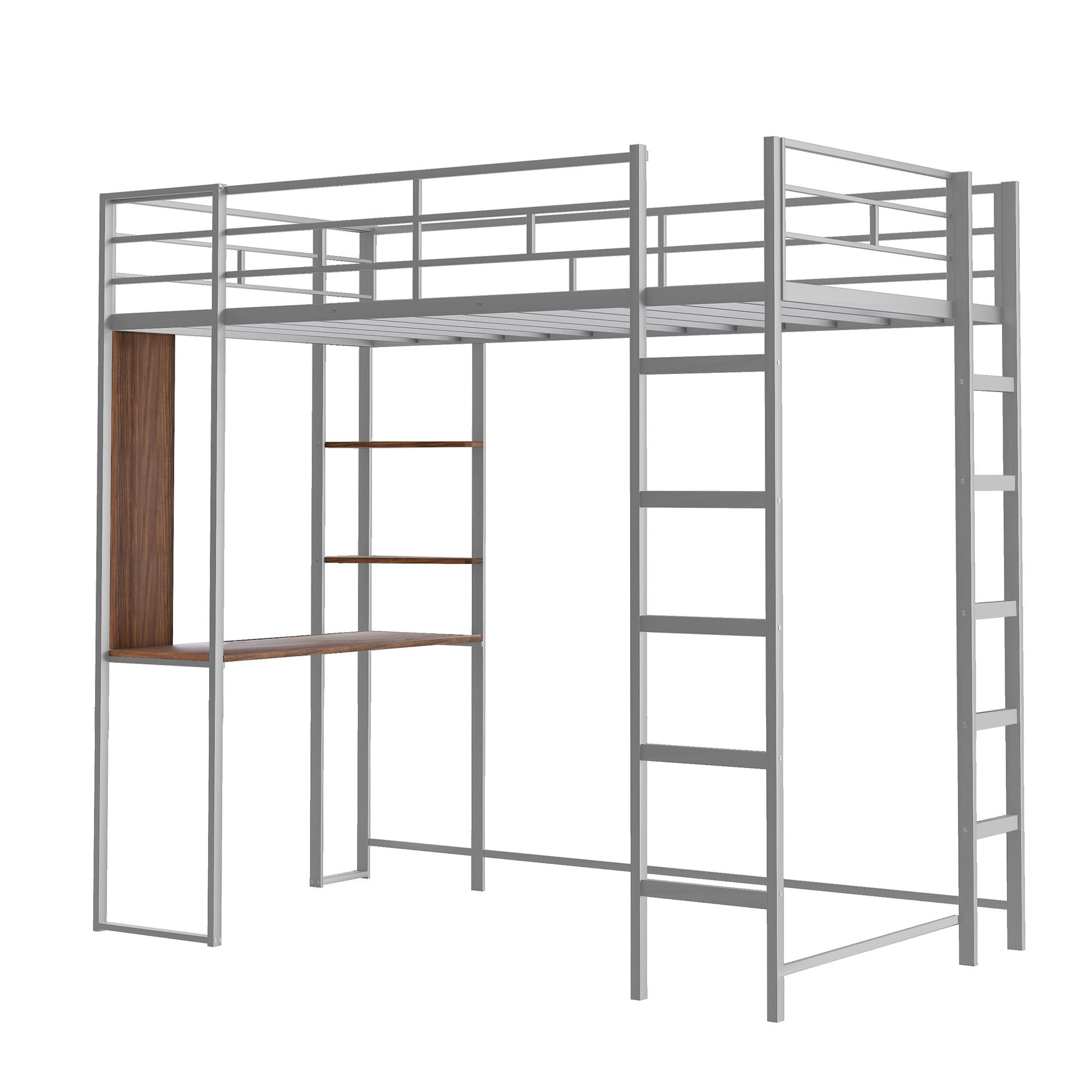 Twin Metal Loft Bed with 2 Shelves and one Desk