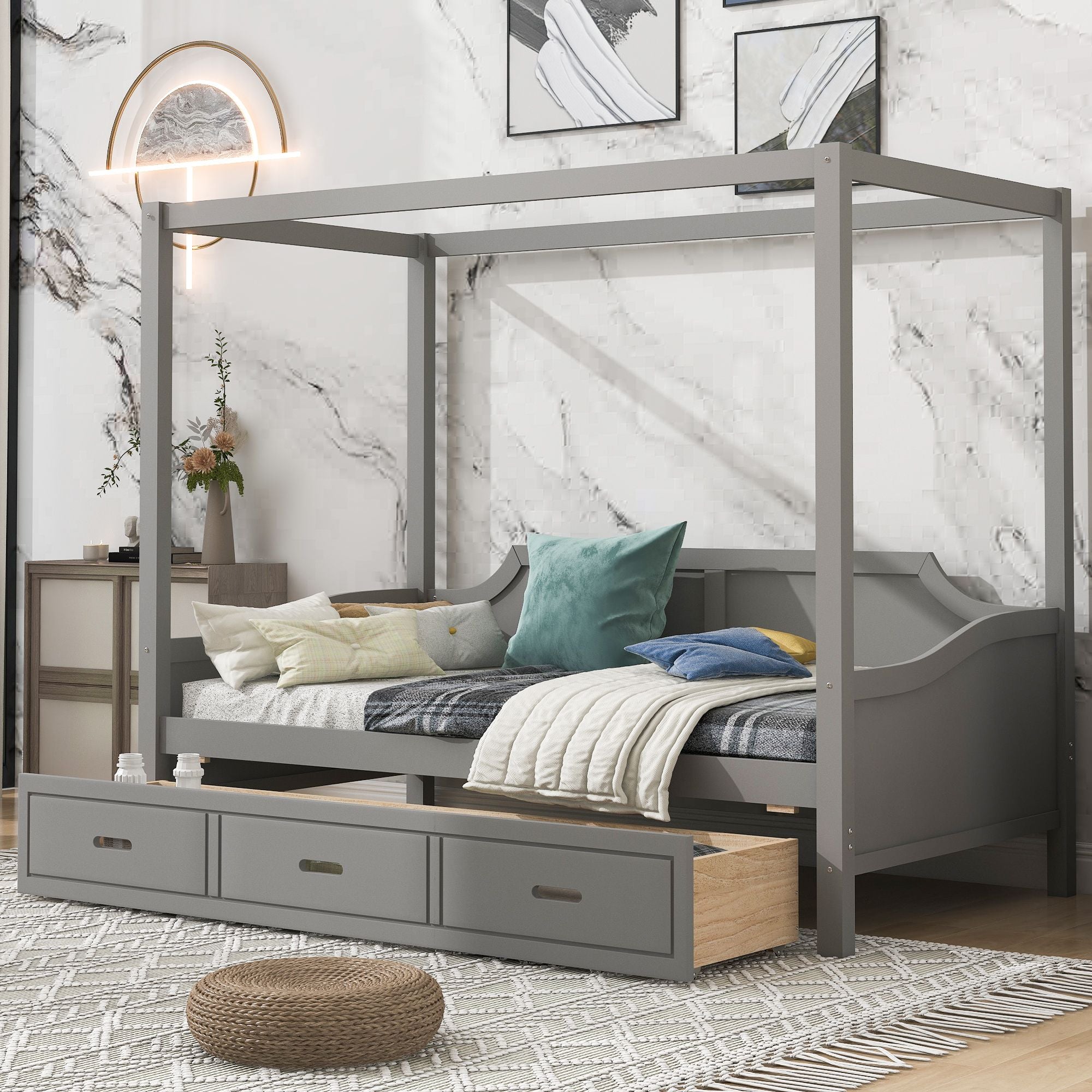 Twin Size Wooden Canopy Daybed with 3 in 1 Storage Drawers