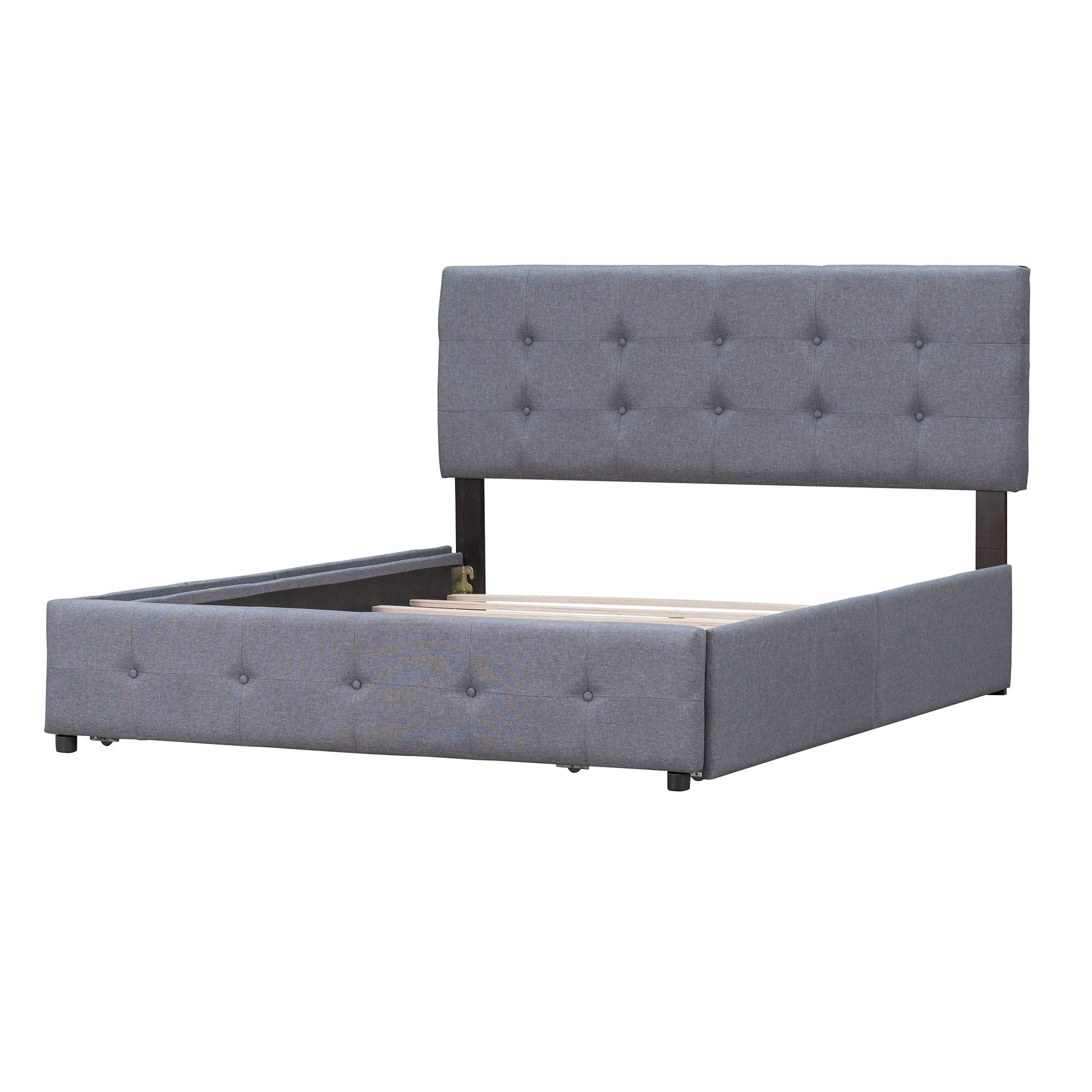 Upholstered Platform Bed with Classic Headboard and 4 Drawers;  No Box Spring Needed;  Linen Fabric;  Queen Size