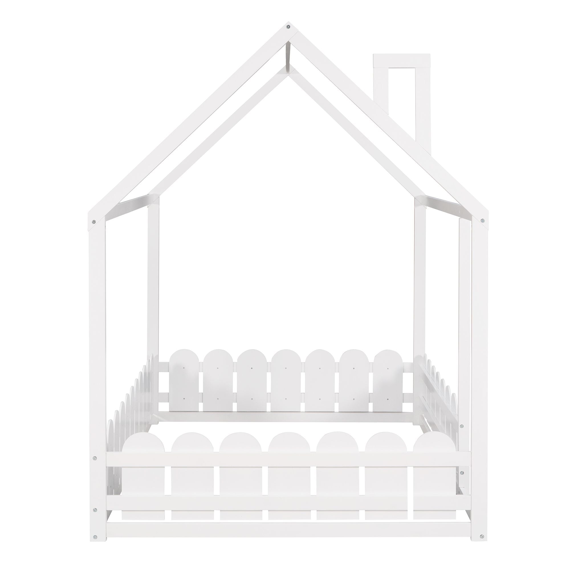 (Slats are not included) Full Size Wood Bed House Bed Frame with Fence;  for Kids;  Teens;  Girls;  Boys