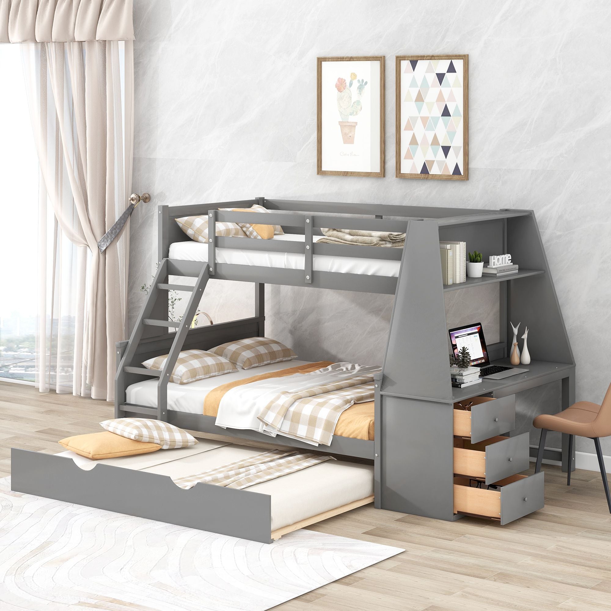 Twin over Full Bunk Bed with Trundle and Built-in Desk;  Three Storage Drawers and Shelf