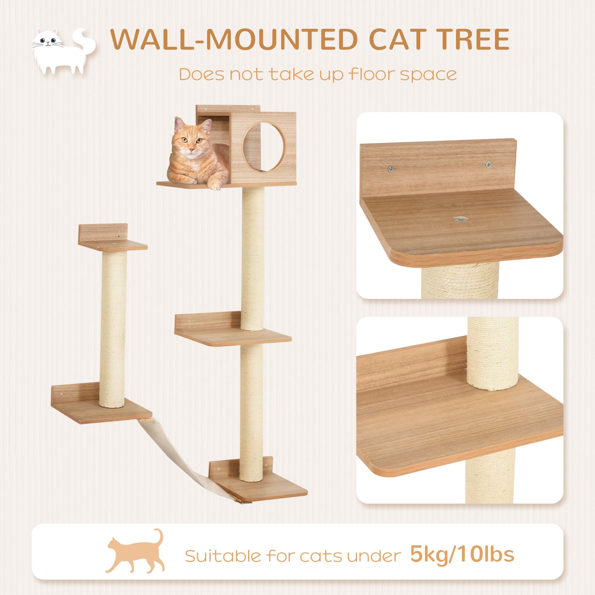 PawHut Wall-Mounted Cat Tree - Multi-Level Activity Tower with Sisal Scratching Posts & Cozy Interior Condo for Cats