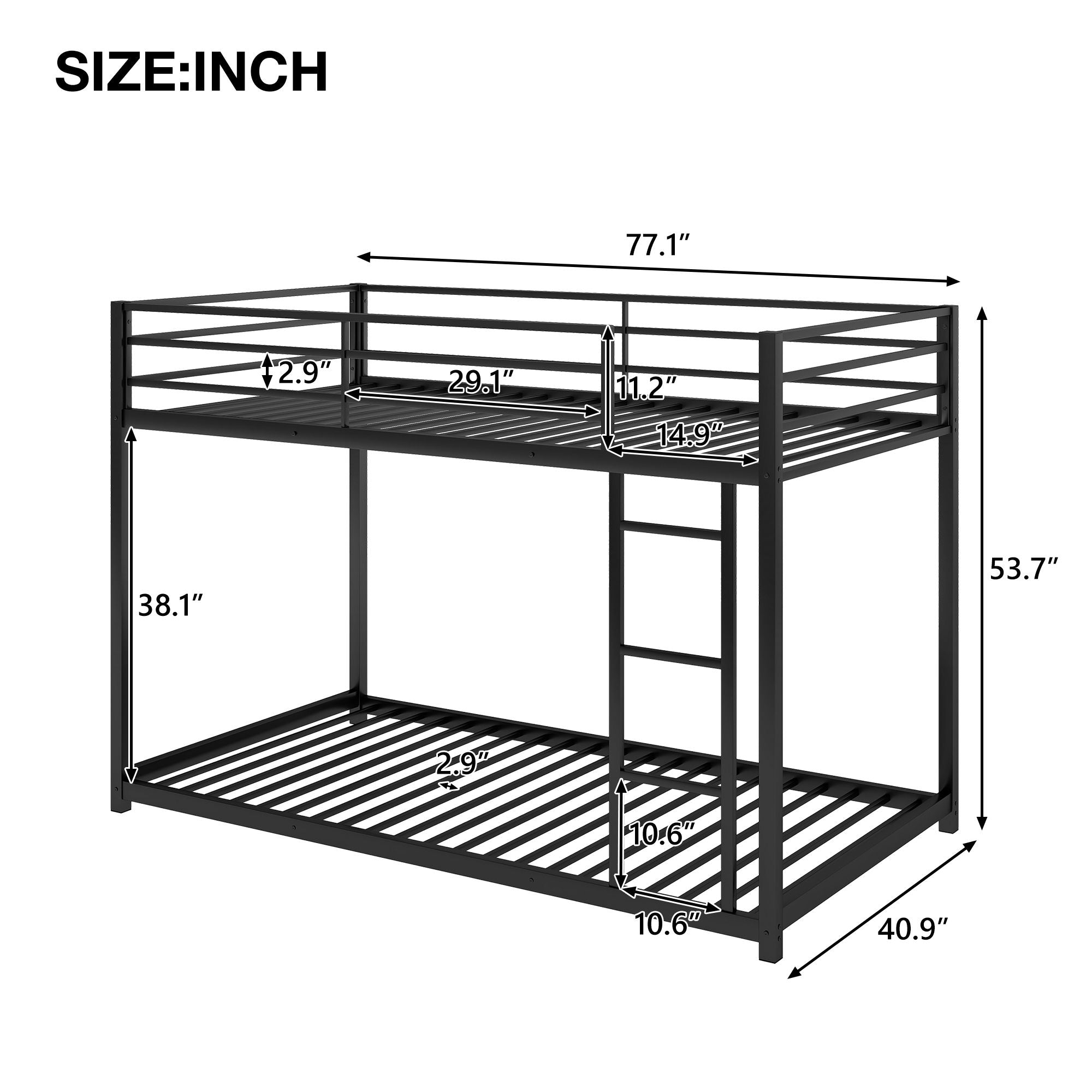 Twin over Twin Metal Bunk Bed;  Low Bunk Bed with Ladder