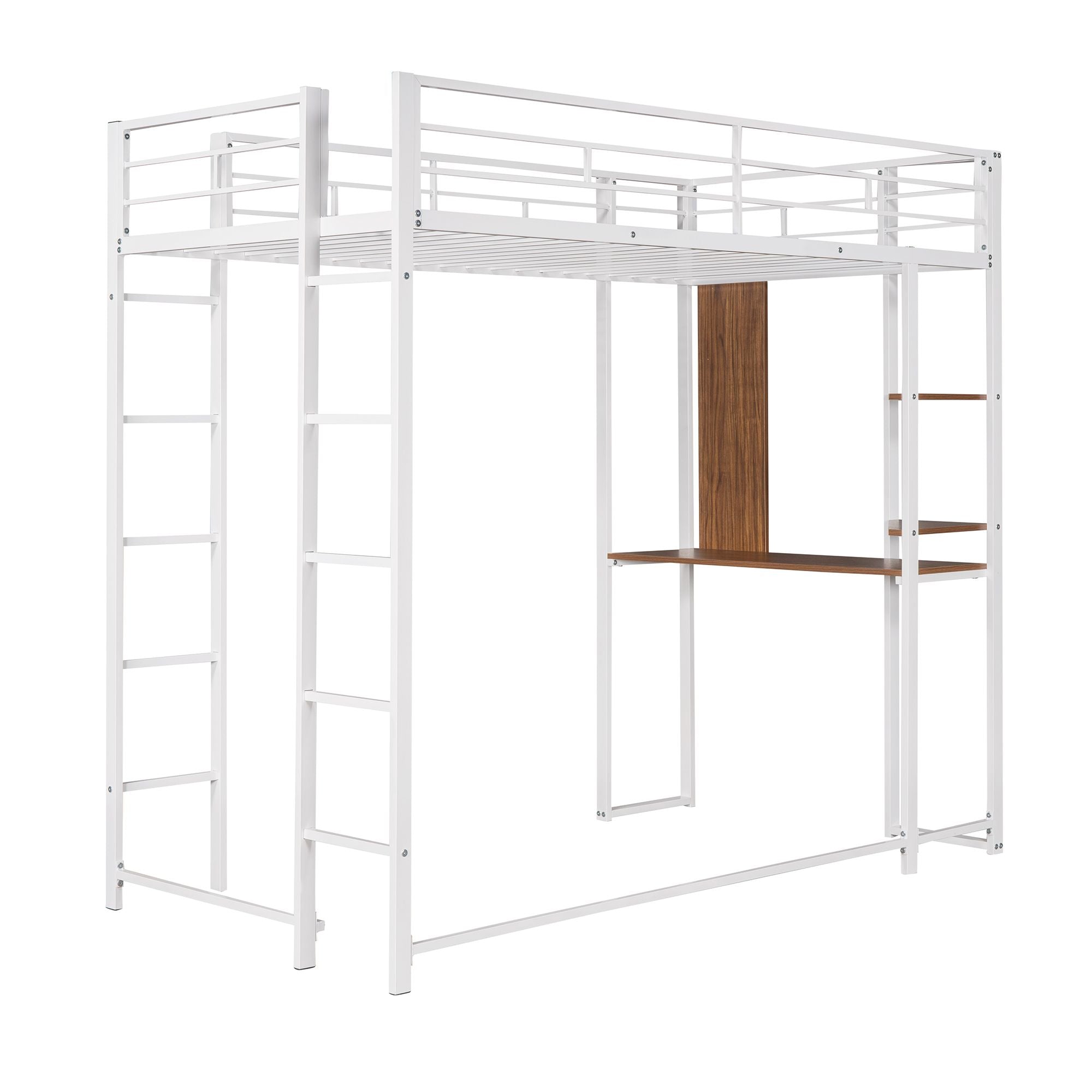 Twin Metal Loft Bed with 2 Shelves and one Desk