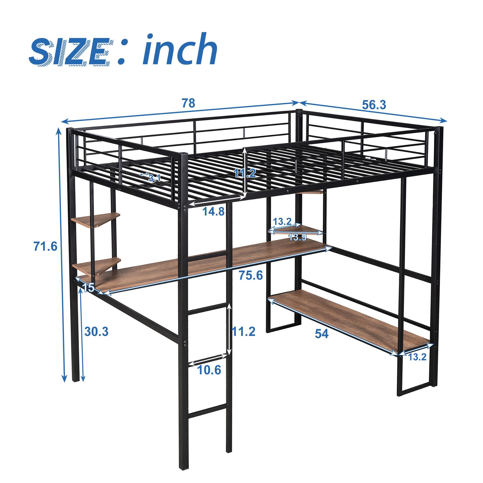 Full Size Loft Metal&MDF Bed with Long Desk and Shelves; Black