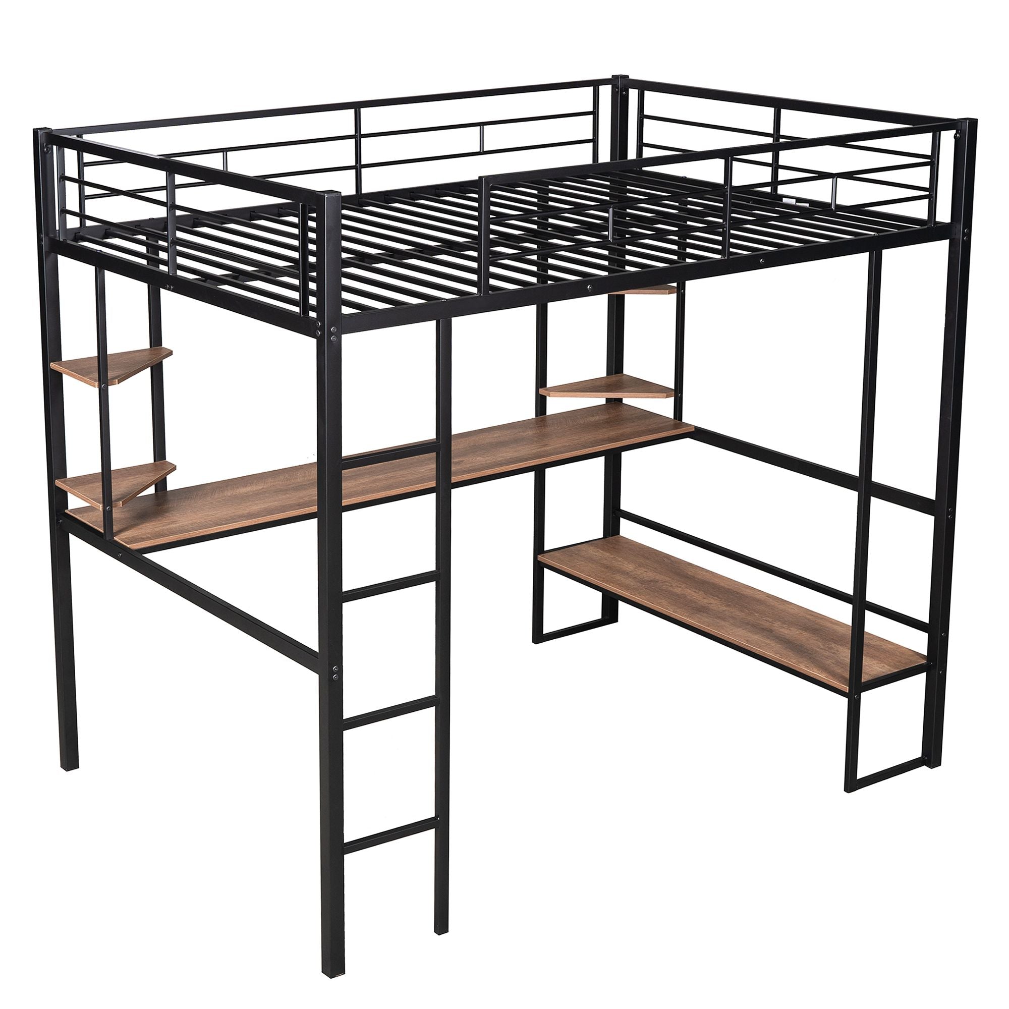 Full Size Loft Metal&MDF Bed with Long Desk and Shelves; Black