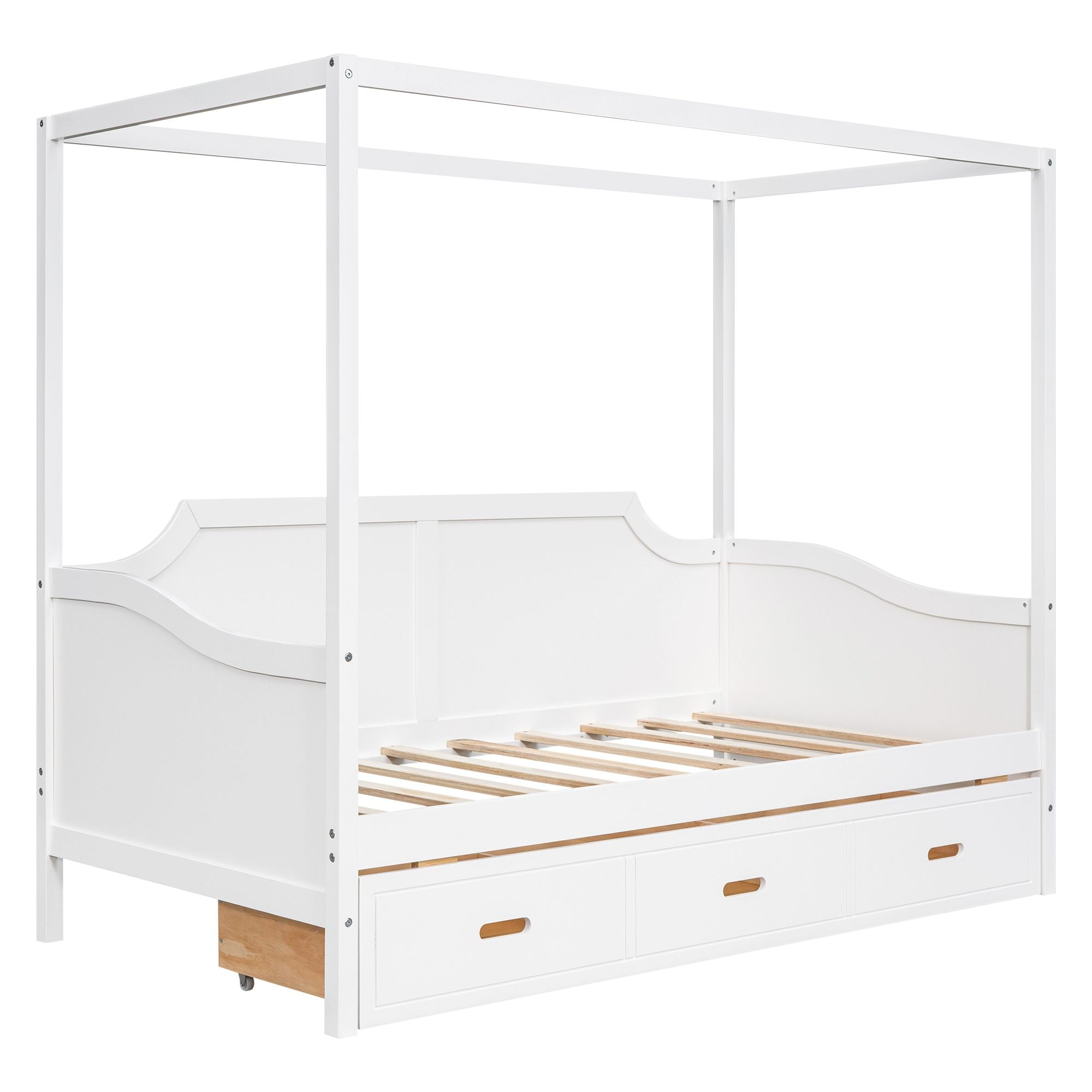 Twin Size Wooden Canopy Daybed with 3 in 1 Storage Drawers